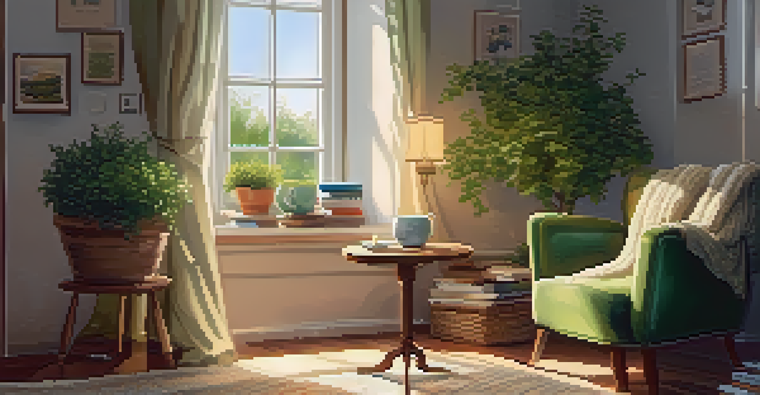 A cozy room scene featuring an armchair, a cup of tea, and sunlight streaming through a window.
