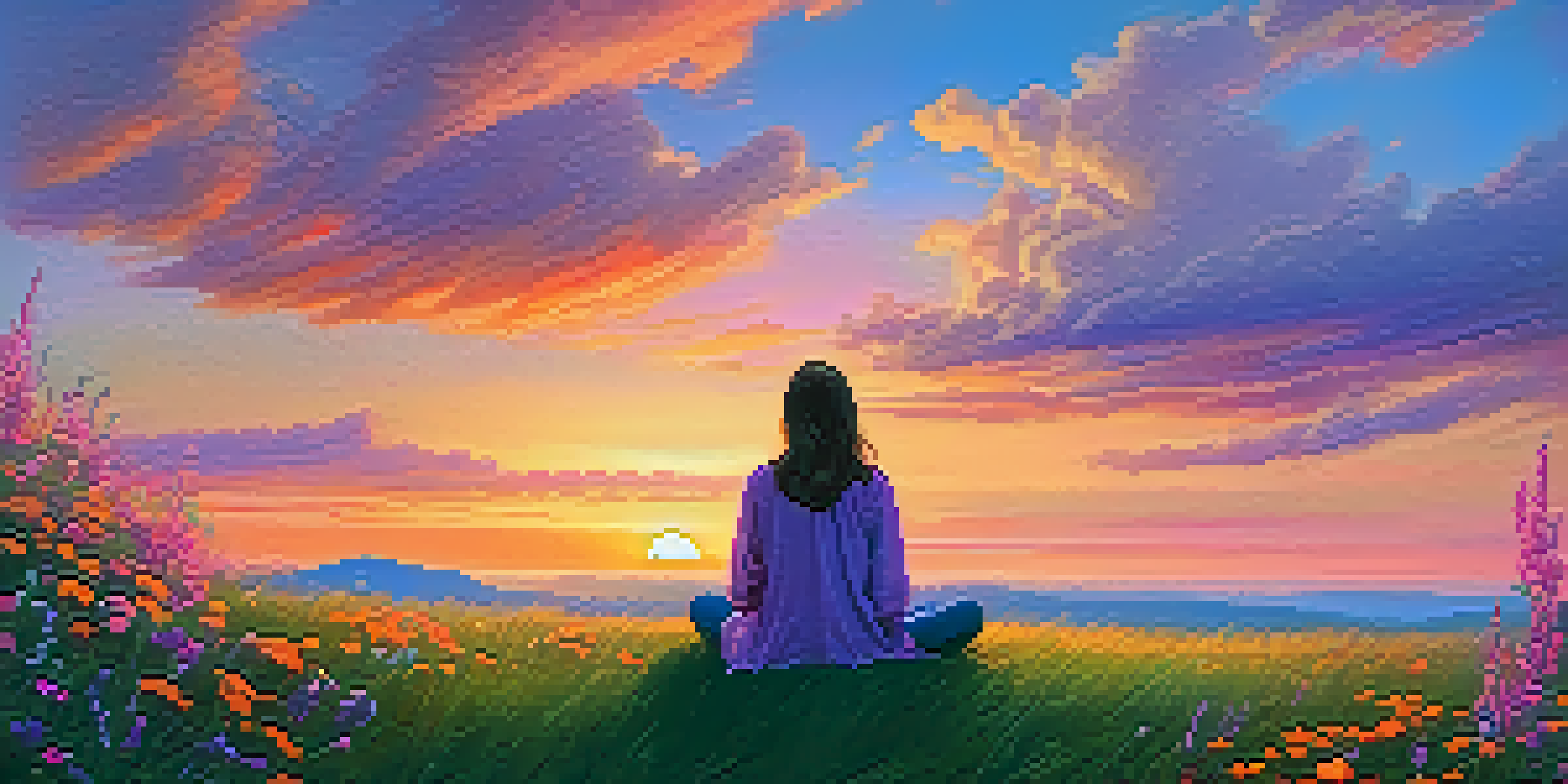 A person sitting on a grassy hill watching a colorful sunset, surrounded by wildflowers.