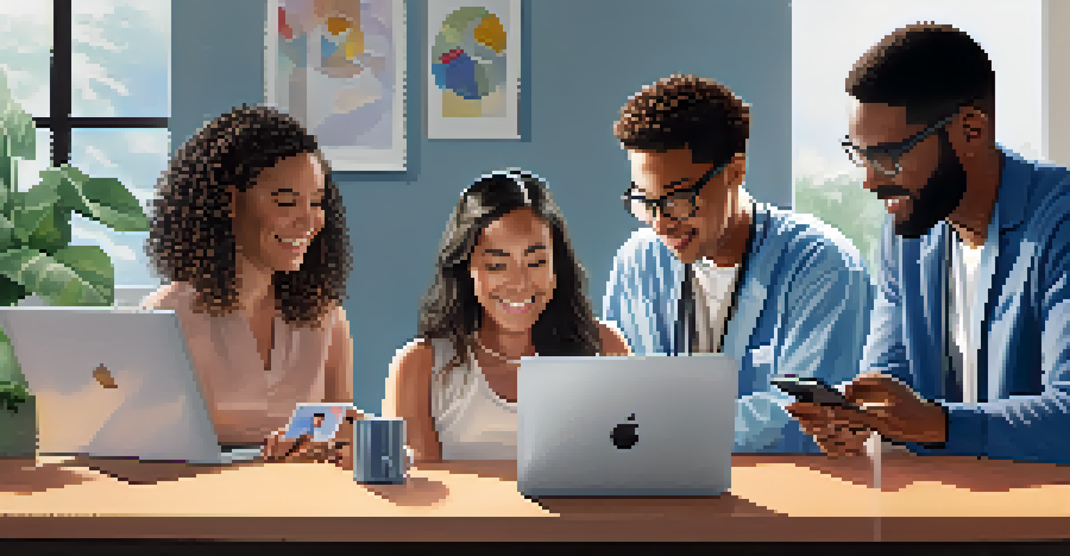 Diverse individuals using different devices for telehealth in a vibrant setting, representing accessibility.