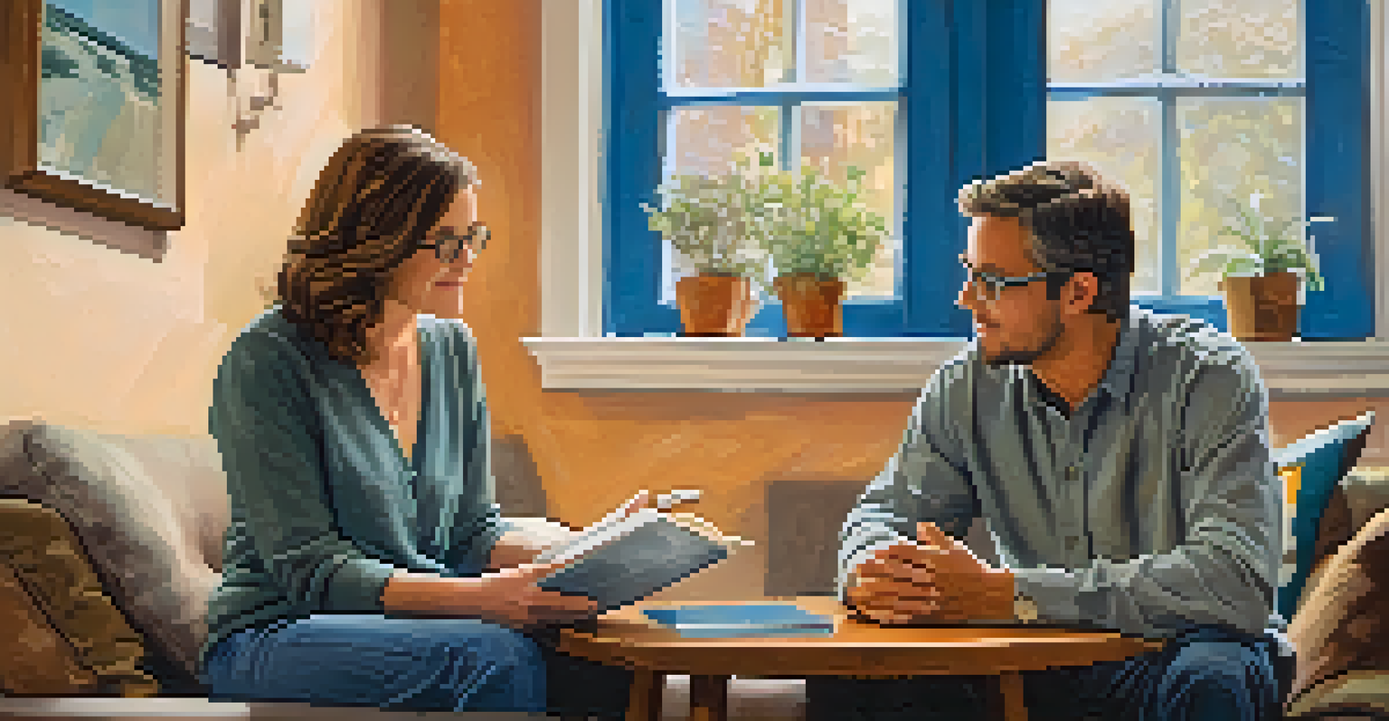 A therapist and a young man engaged in a counseling session in a cozy, well-decorated room.