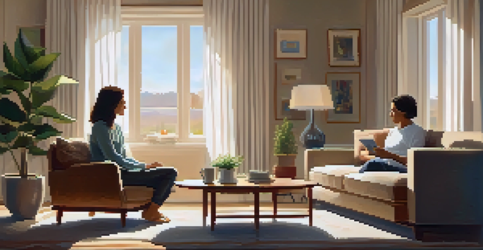 A couple in a cozy living room, having a heartfelt conversation over coffee, surrounded by warm light and soft furnishings.