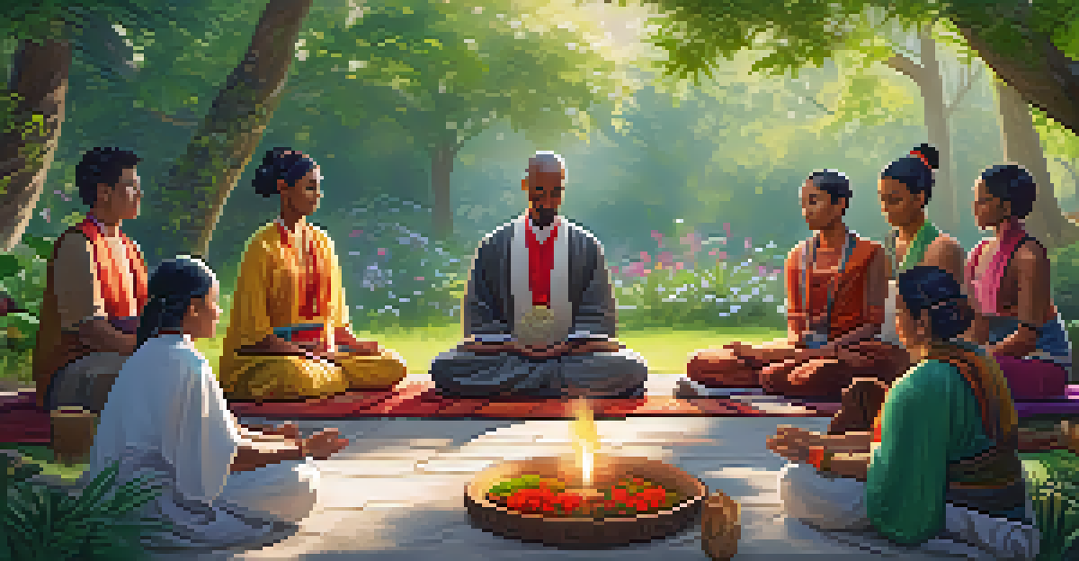 An outdoor holistic healing workshop in a garden, with individuals meditating and engaging in ritual cleansing, surrounded by nature.
