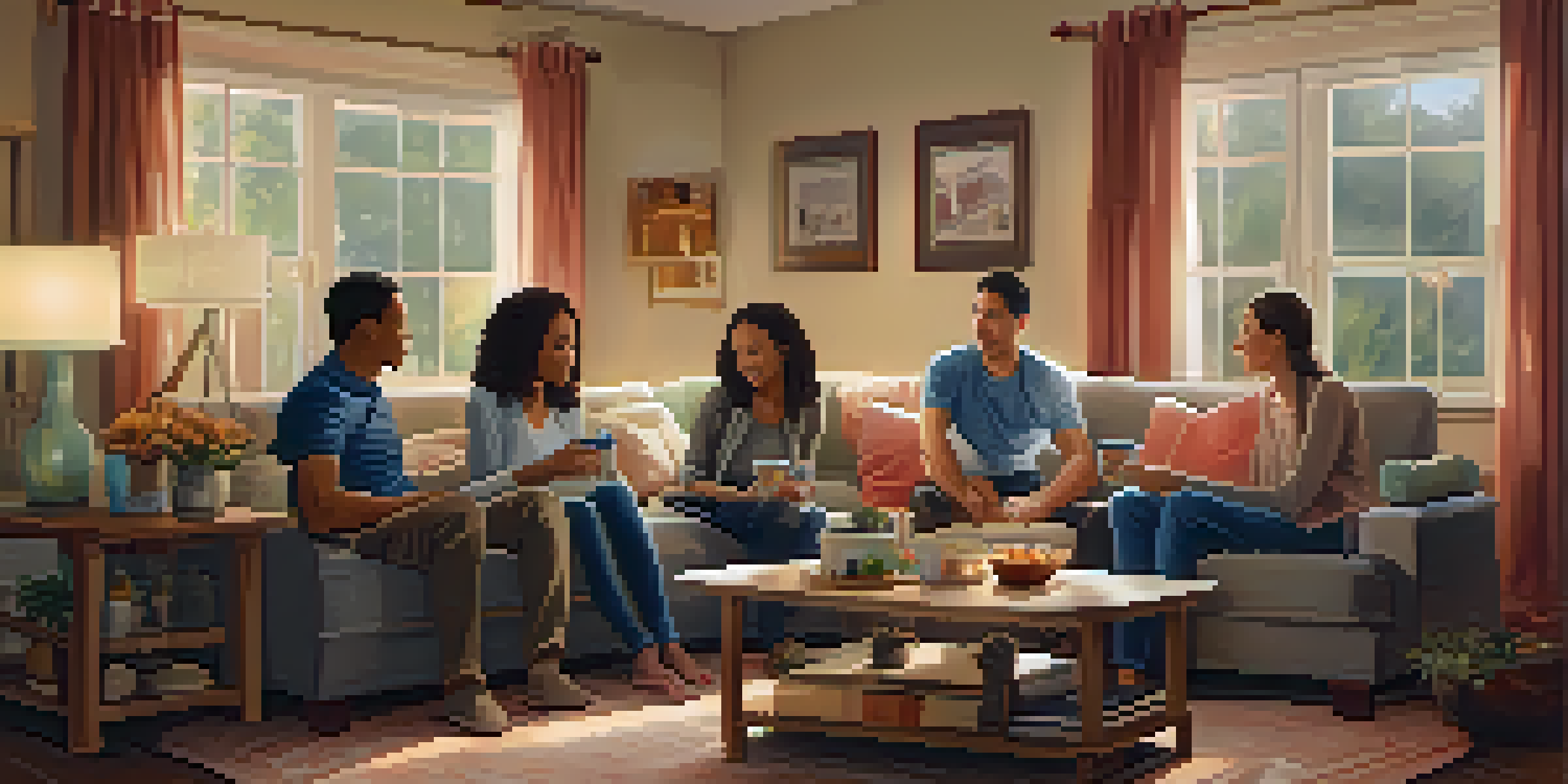 A diverse family gathered in a cozy living room, sharing stories and snacks, with warm lighting creating a comforting atmosphere.