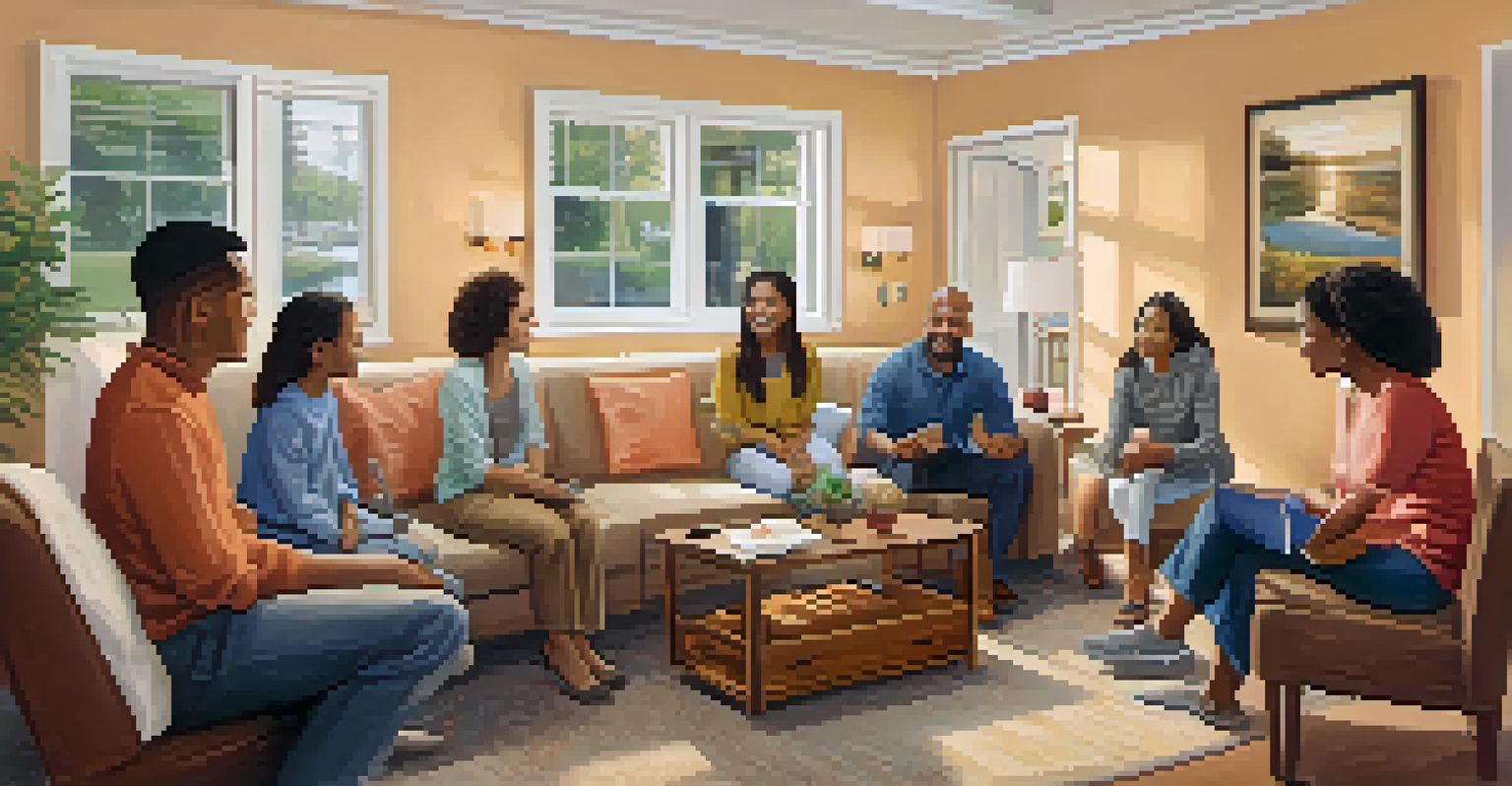 A family of four engaged in a therapy session with a counselor, surrounded by family photos and a warm atmosphere.