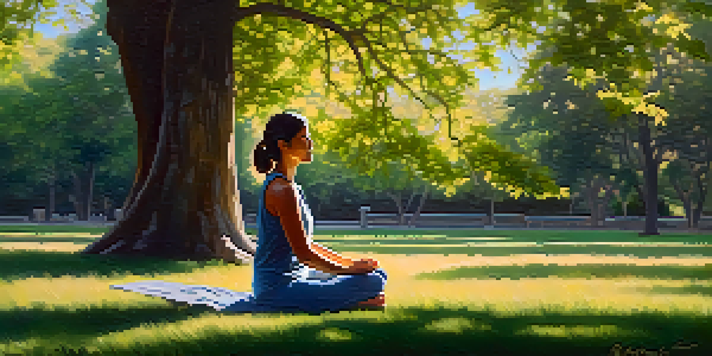 A middle-aged woman practicing mindfulness in a sunlit park, seated cross-legged on grass with a peaceful expression, surrounded by blooming flowers and dappled sunlight.
