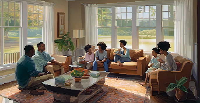 A cozy living room with a diverse family engaged in supportive conversation, reflecting warmth and understanding.
