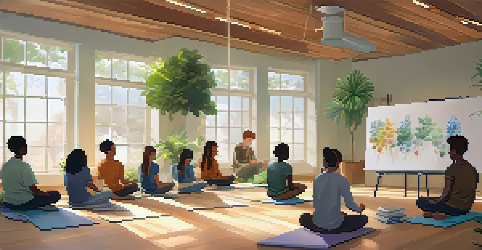 Students participating in a mindfulness workshop in a bright classroom, practicing breathing exercises with a focused instructor.