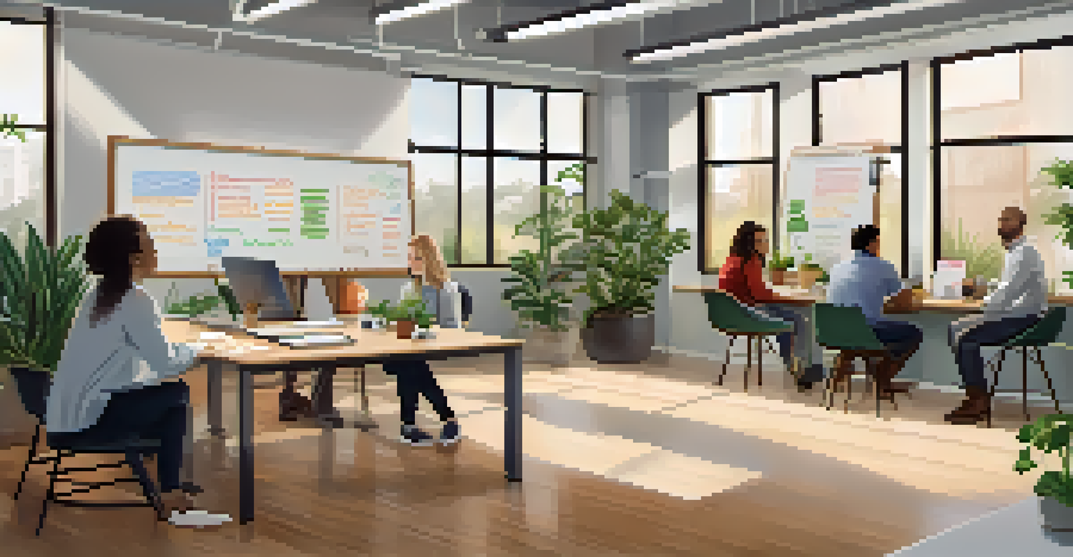 An office workshop focusing on mental health, with employees engaged in discussion and a bright, plant-filled room.