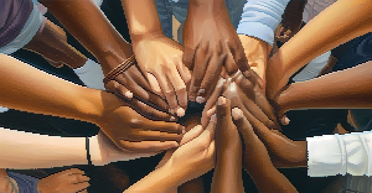 Diverse hands joined together in unity, symbolizing support, with a blurred warm background.