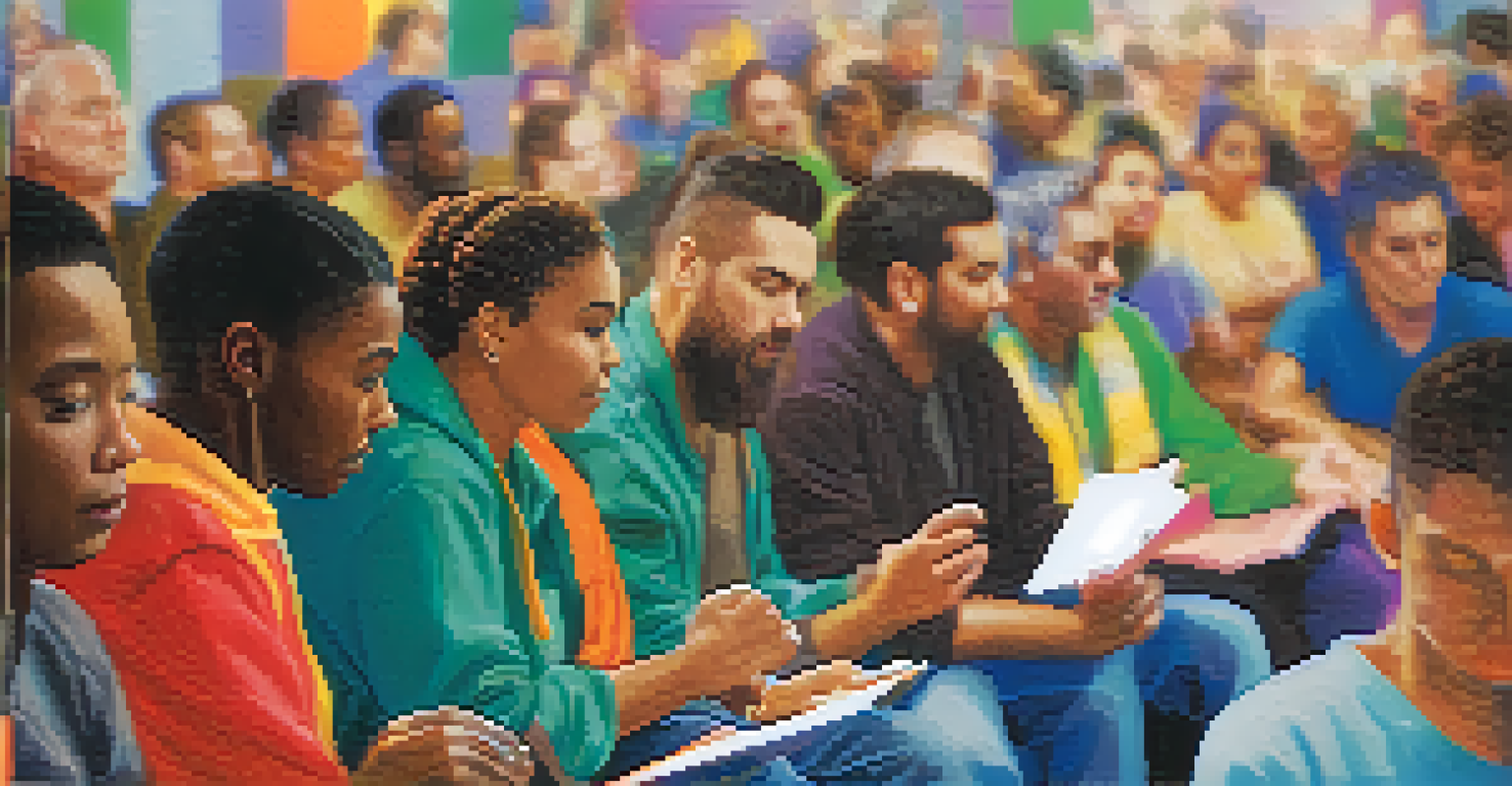 A close-up of hands holding a brochure about support systems for recovery during an addiction awareness workshop, with blurred participants in the background.