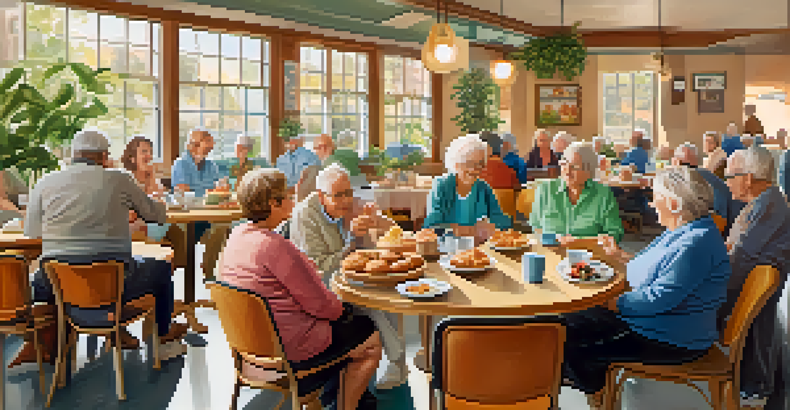 Older adults enjoying coffee and conversation in a community center.