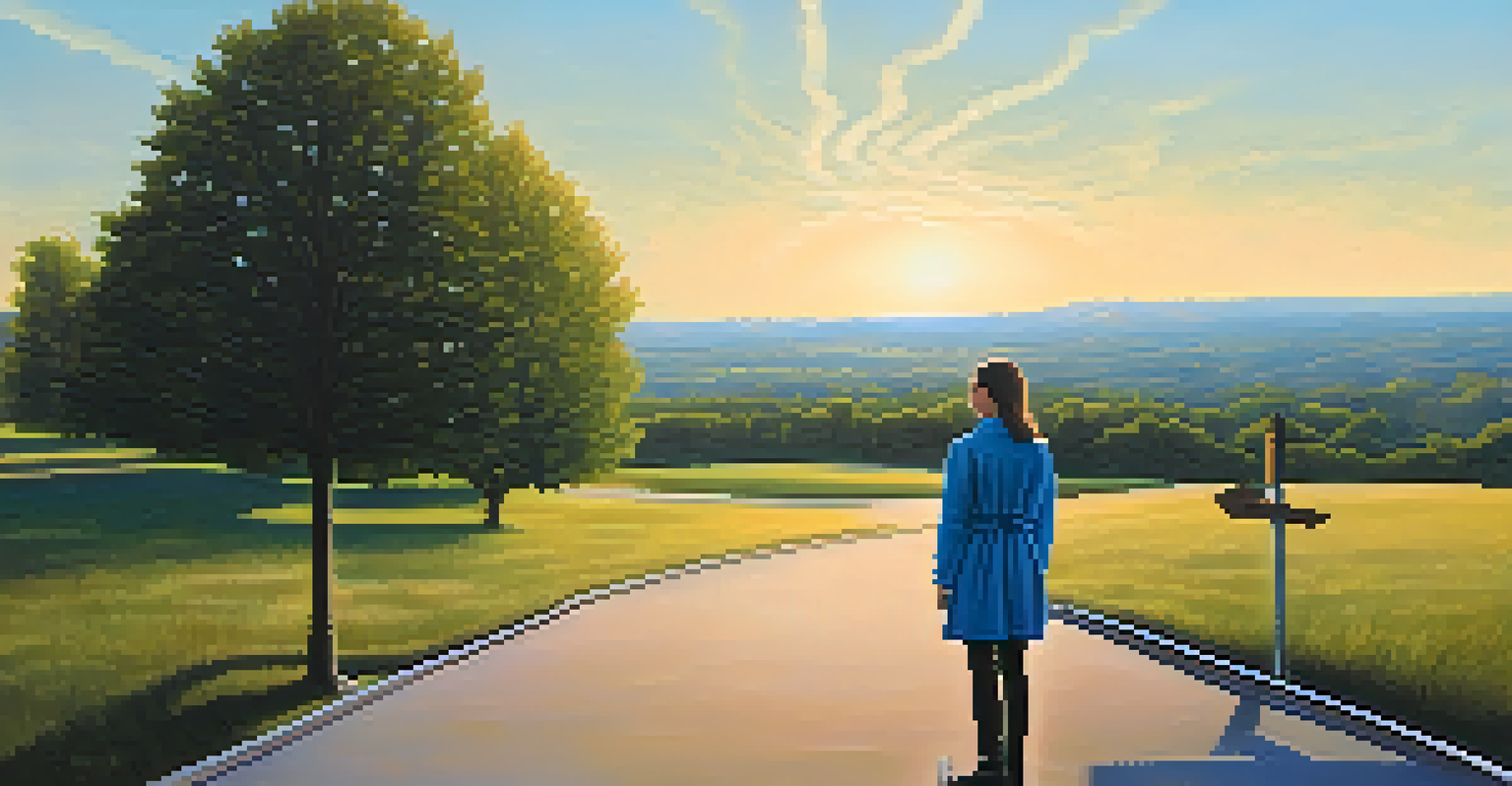 A person at a crossroads considering various paths labeled with coping skills, surrounded by a beautiful landscape symbolizing hope.