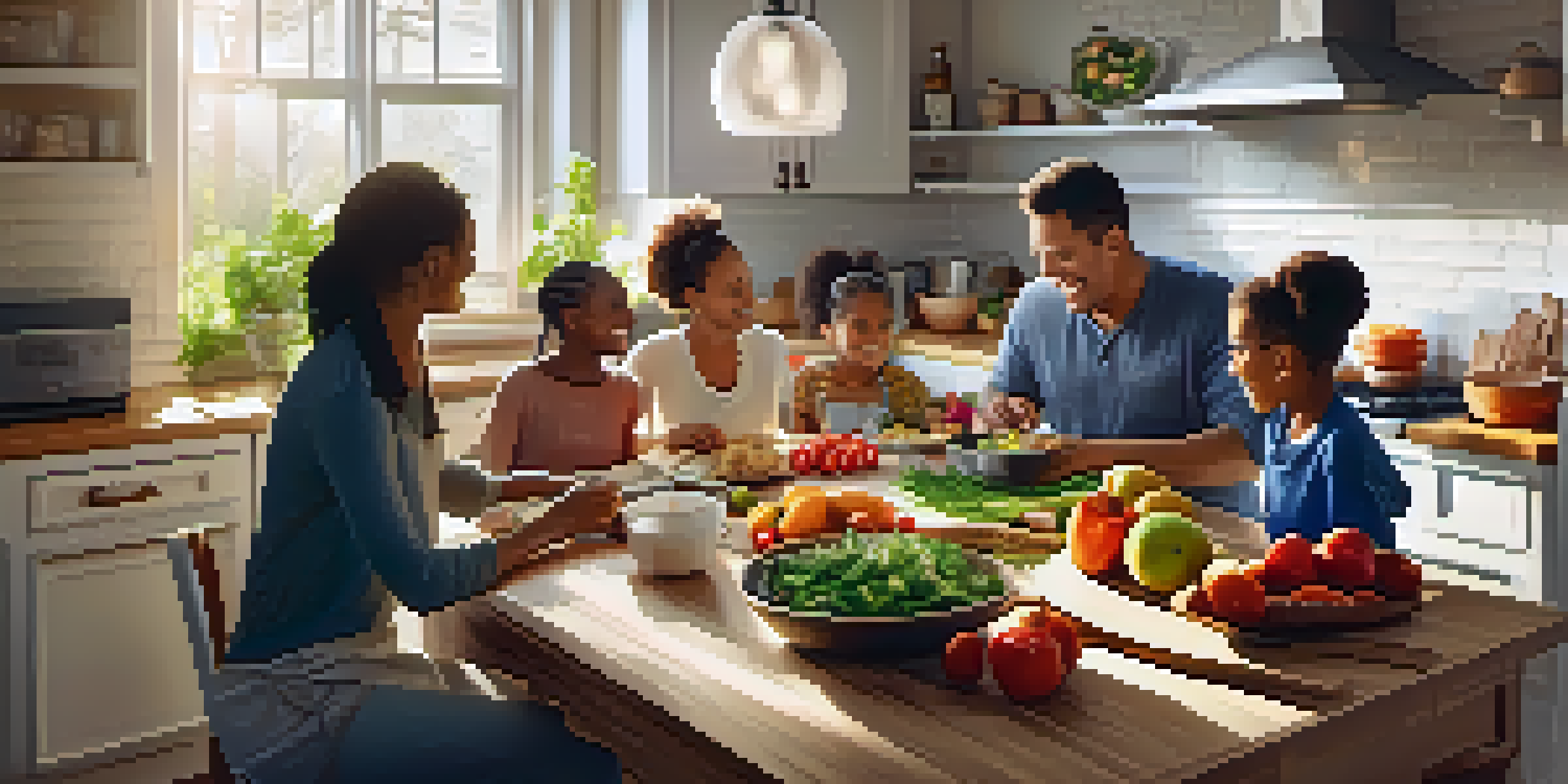 A family gathers in a bright kitchen, preparing a healthy meal together, creating a sense of support and unity.