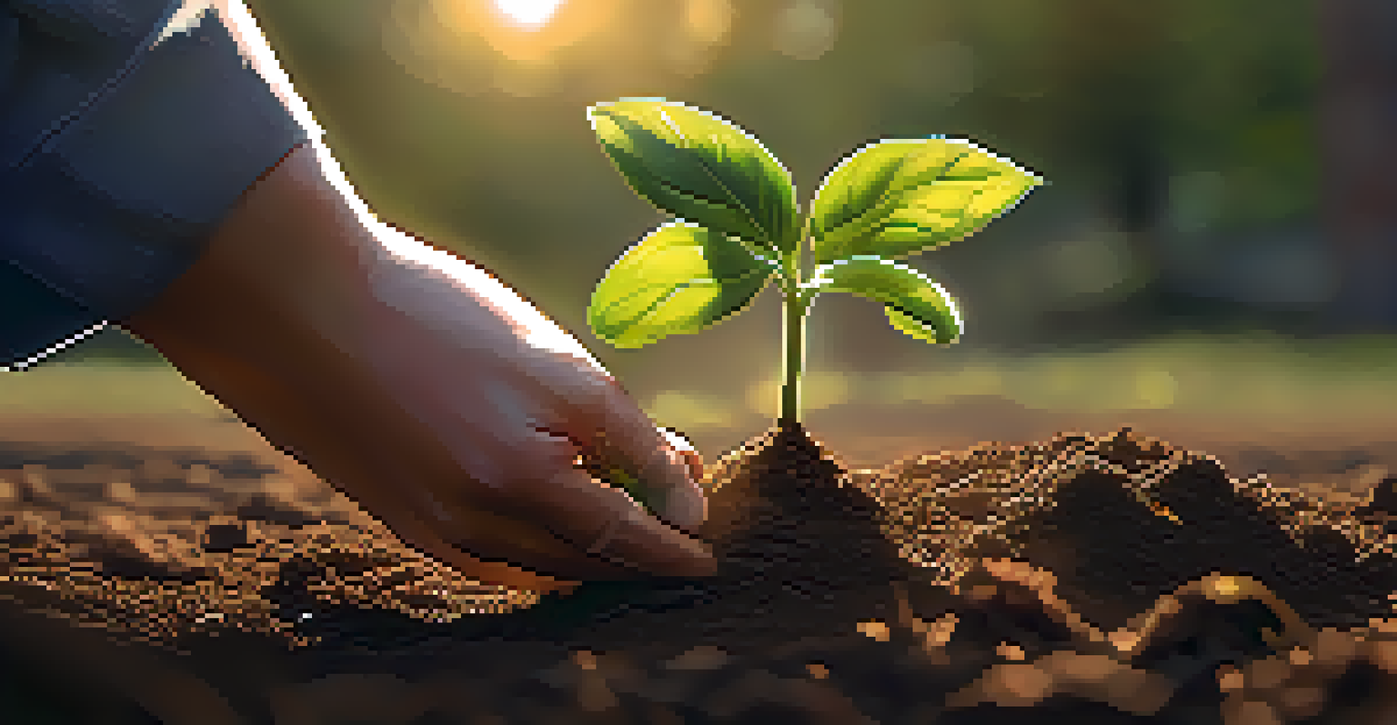 Close-up of hands planting a seedling in soil, symbolizing growth and new beginnings, with sunlight filtering through leaves.