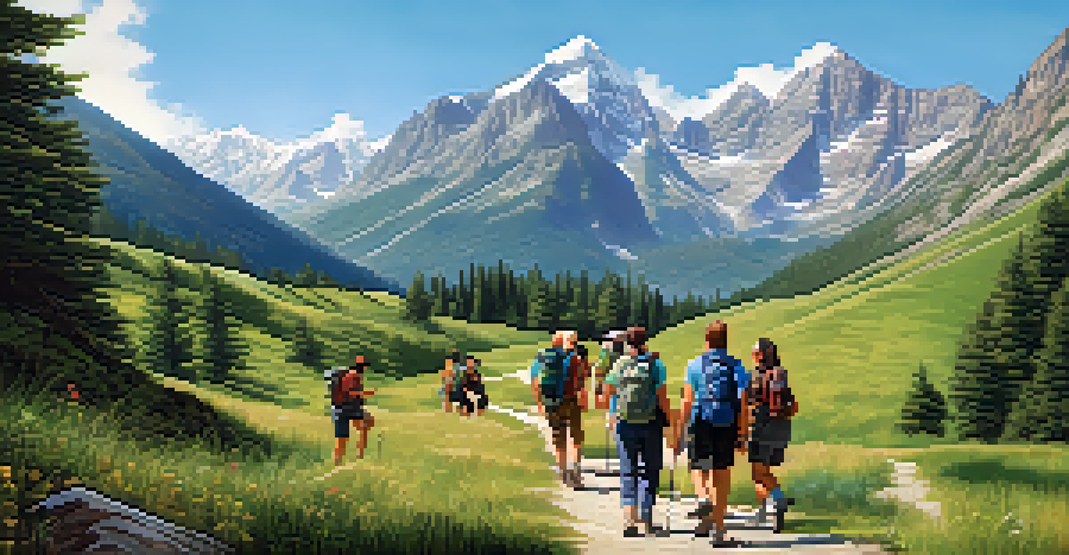 A group of people hiking together in a beautiful mountain landscape, enjoying nature and each other's company.