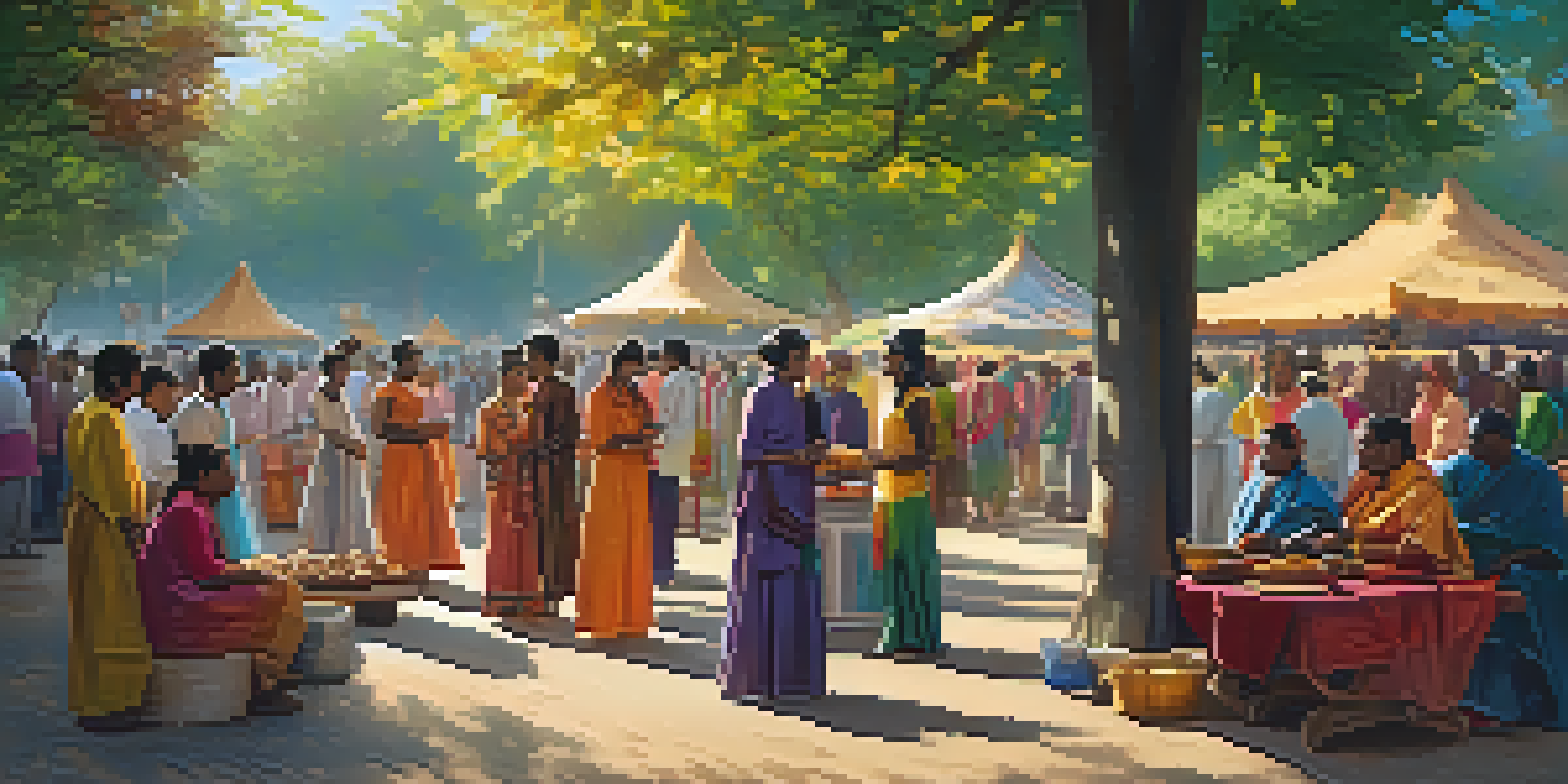 A diverse group of people celebrating in a park, wearing traditional clothing, surrounded by food stalls and decorations.