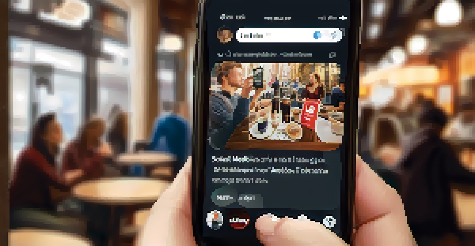 A close-up of a hand holding a smartphone with an addiction awareness post, set against a blurred coffee shop background.