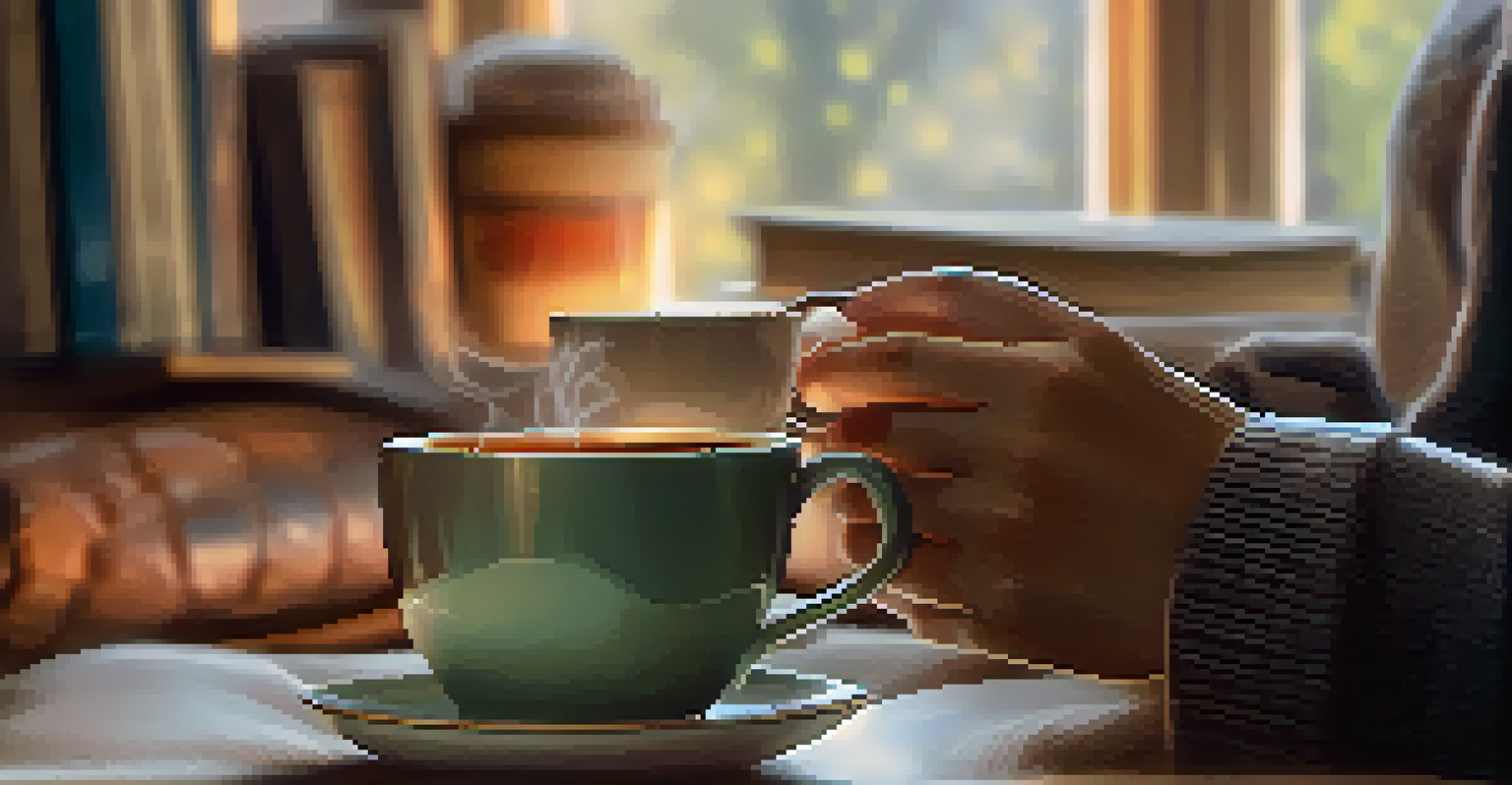 Close-up of hands holding a coffee cup in a cozy living room, symbolizing warmth and support.