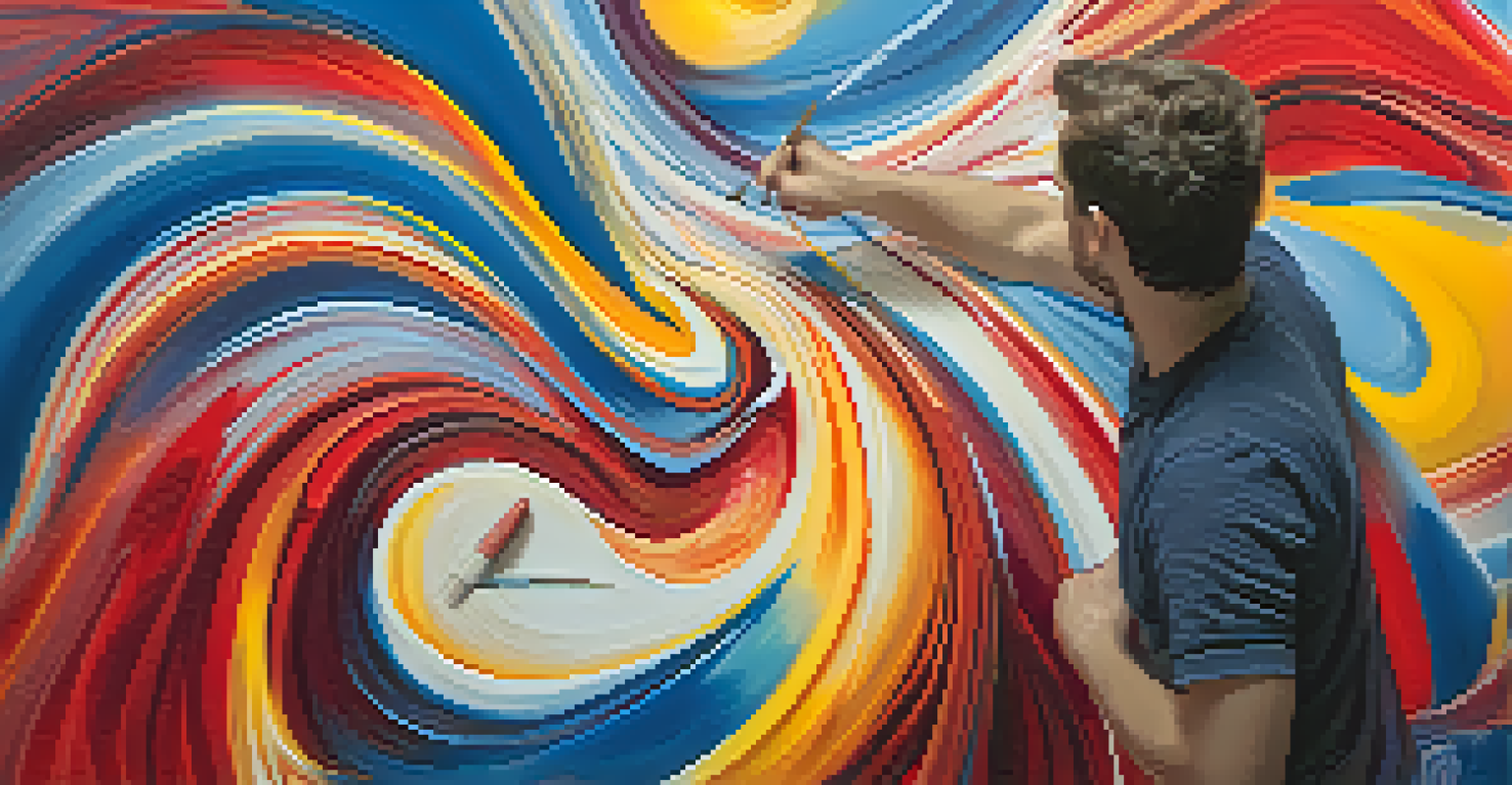 A close-up of a vibrant abstract painting, showcasing emotional expressions through colors and textures.