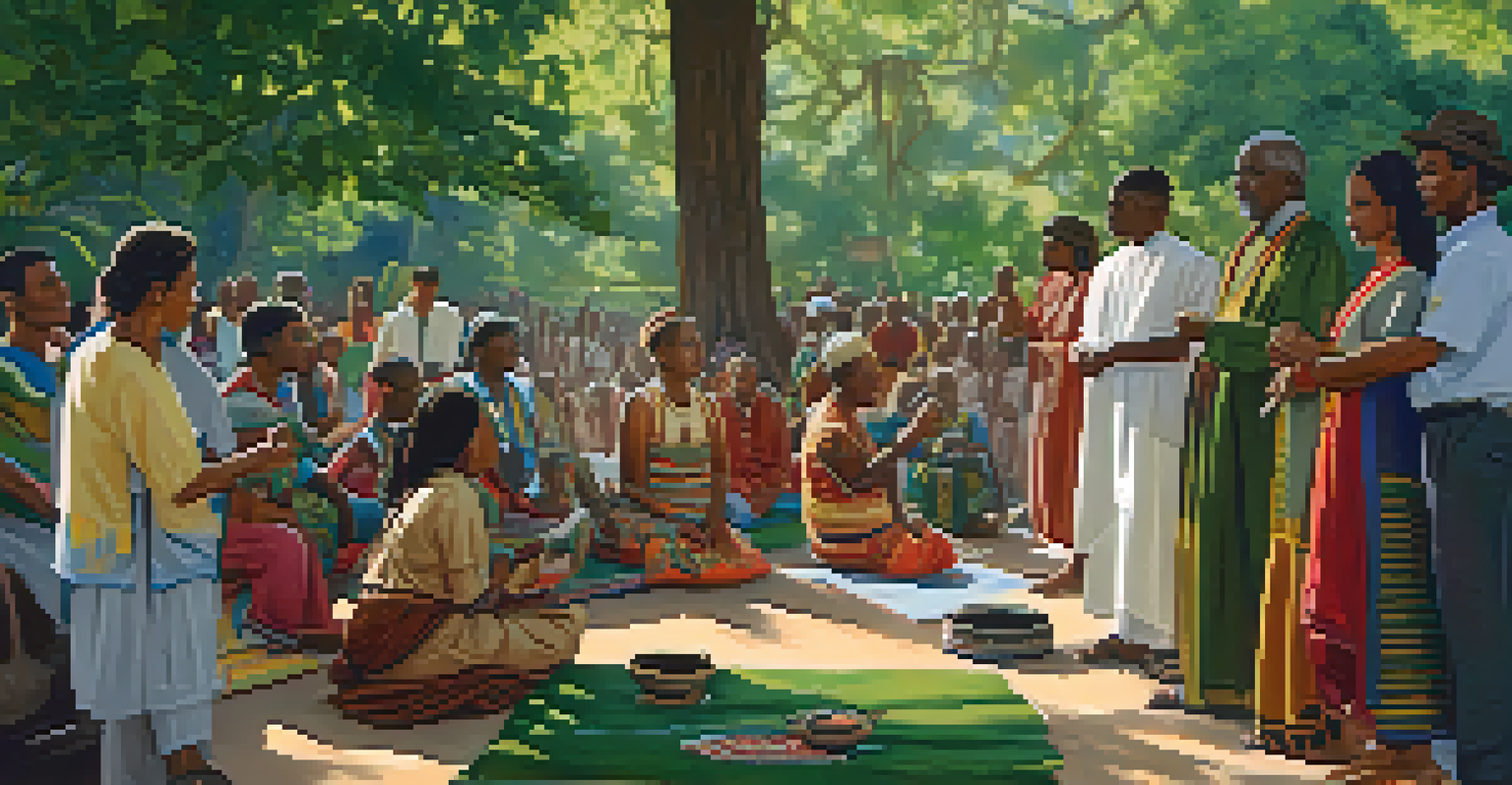 A diverse group of people engaged in a traditional healing ceremony in a park, surrounded by colorful textiles and cultural artifacts.