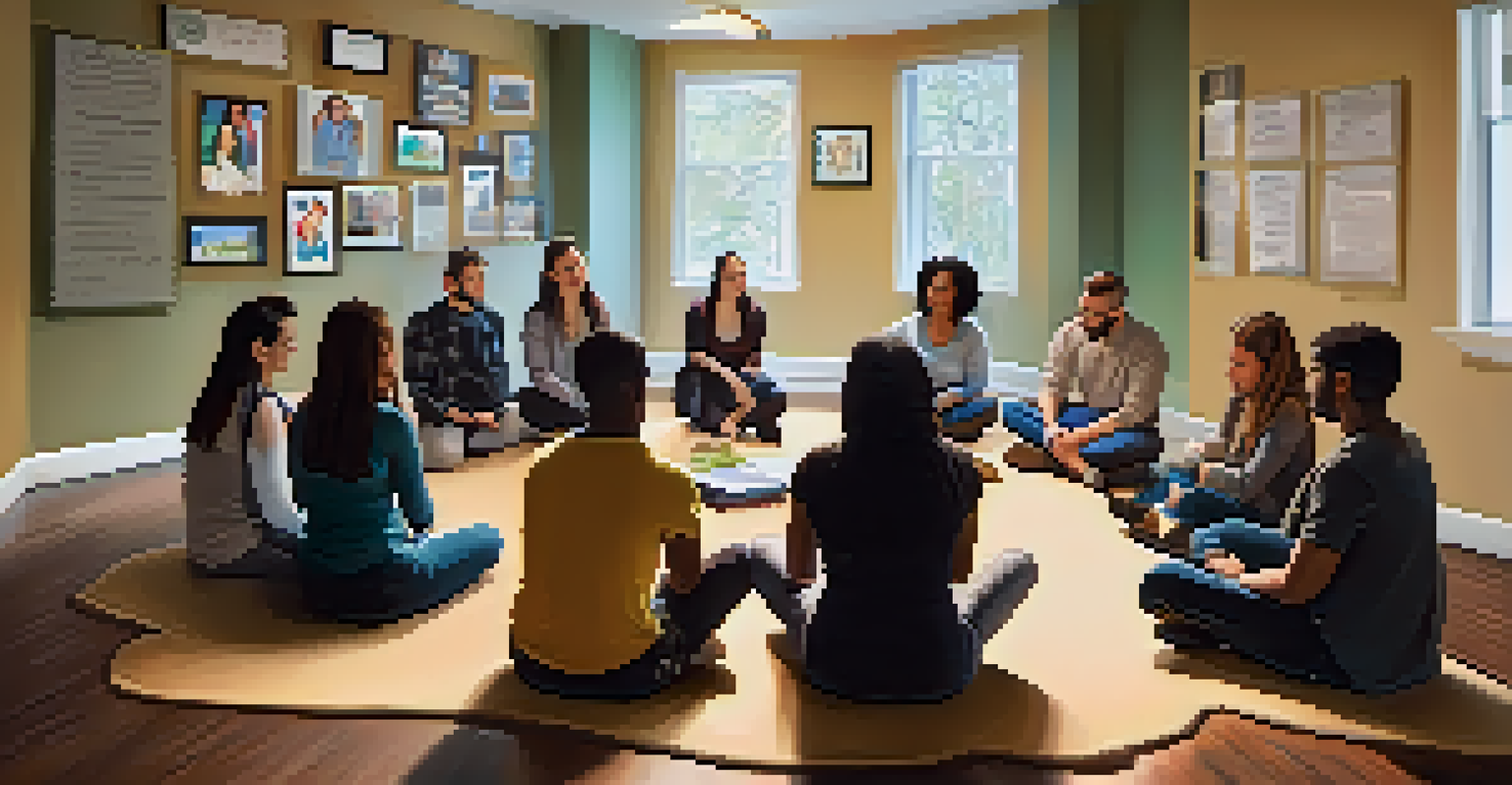 A diverse group of people engaged in a supportive therapy session, sharing experiences related to addiction in a warm setting.