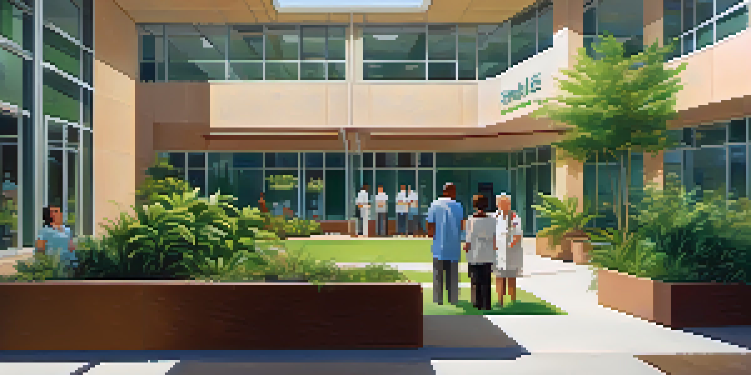 A bright and welcoming methadone clinic surrounded by greenery, with patients and staff interacting positively.