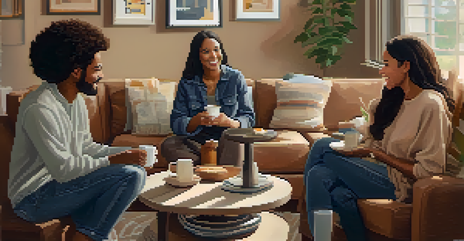 A group of friends sitting together in a cozy living room, sharing a supportive conversation over snacks and drinks.