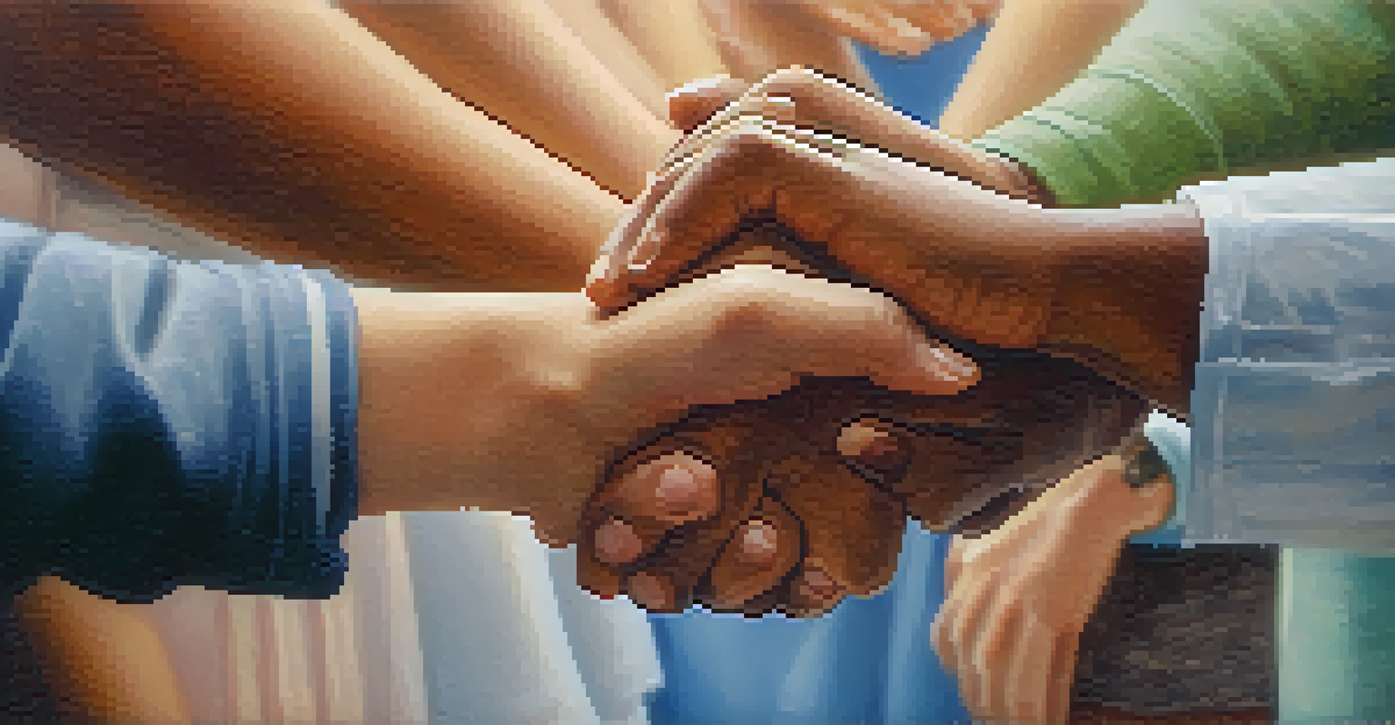 Close-up of two hands clasped together, symbolizing empathy and support in a therapy group, with a soft focus background.