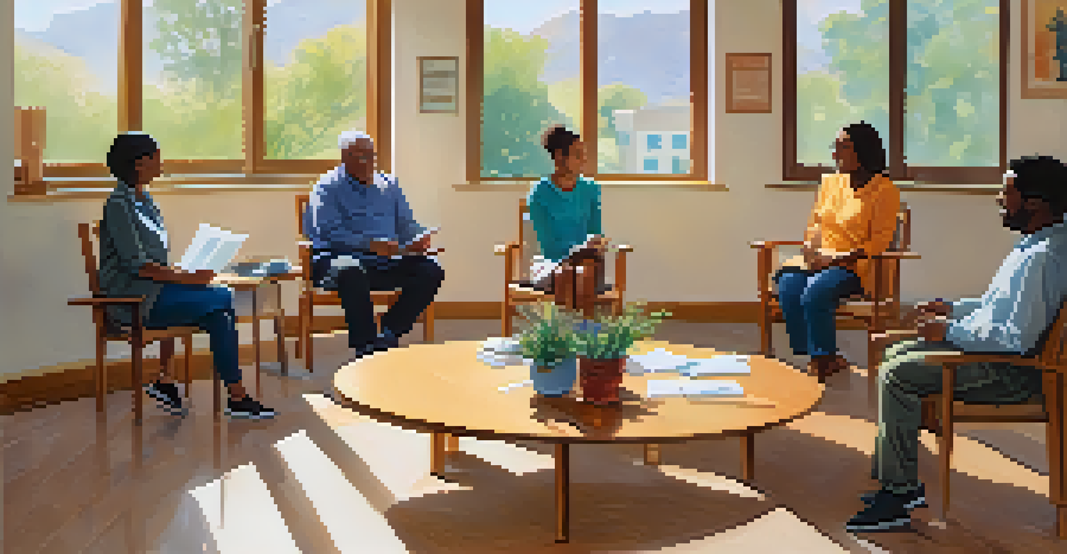 A diverse group of individuals participating in a supportive group therapy session in a bright room.
