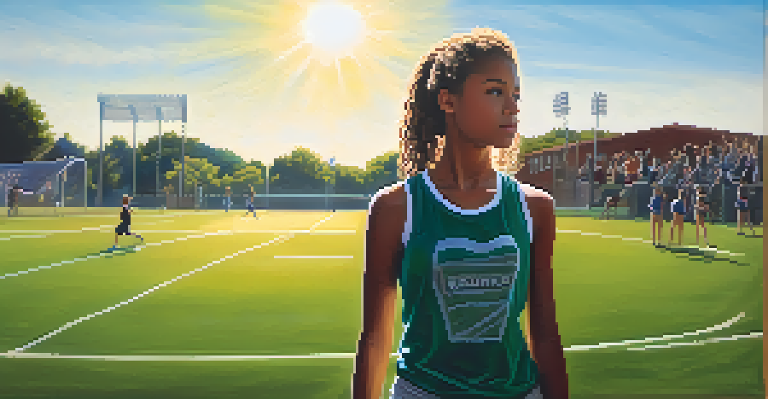 A confident teenager standing on a sports field with friends cheering in the background, under bright sunlight.