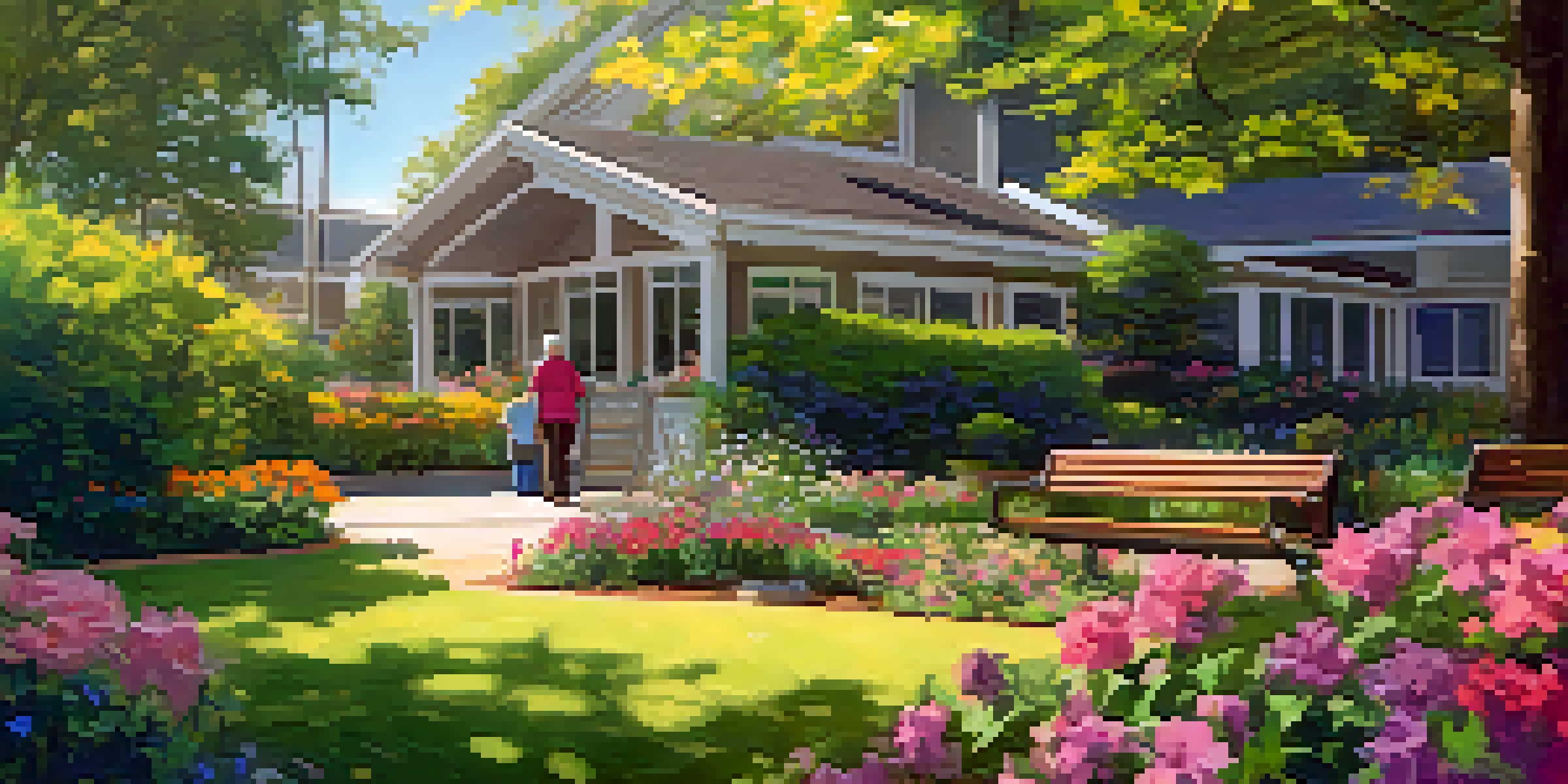 A caregiver listening to an elderly resident in a beautiful garden filled with colorful flowers and greenery.