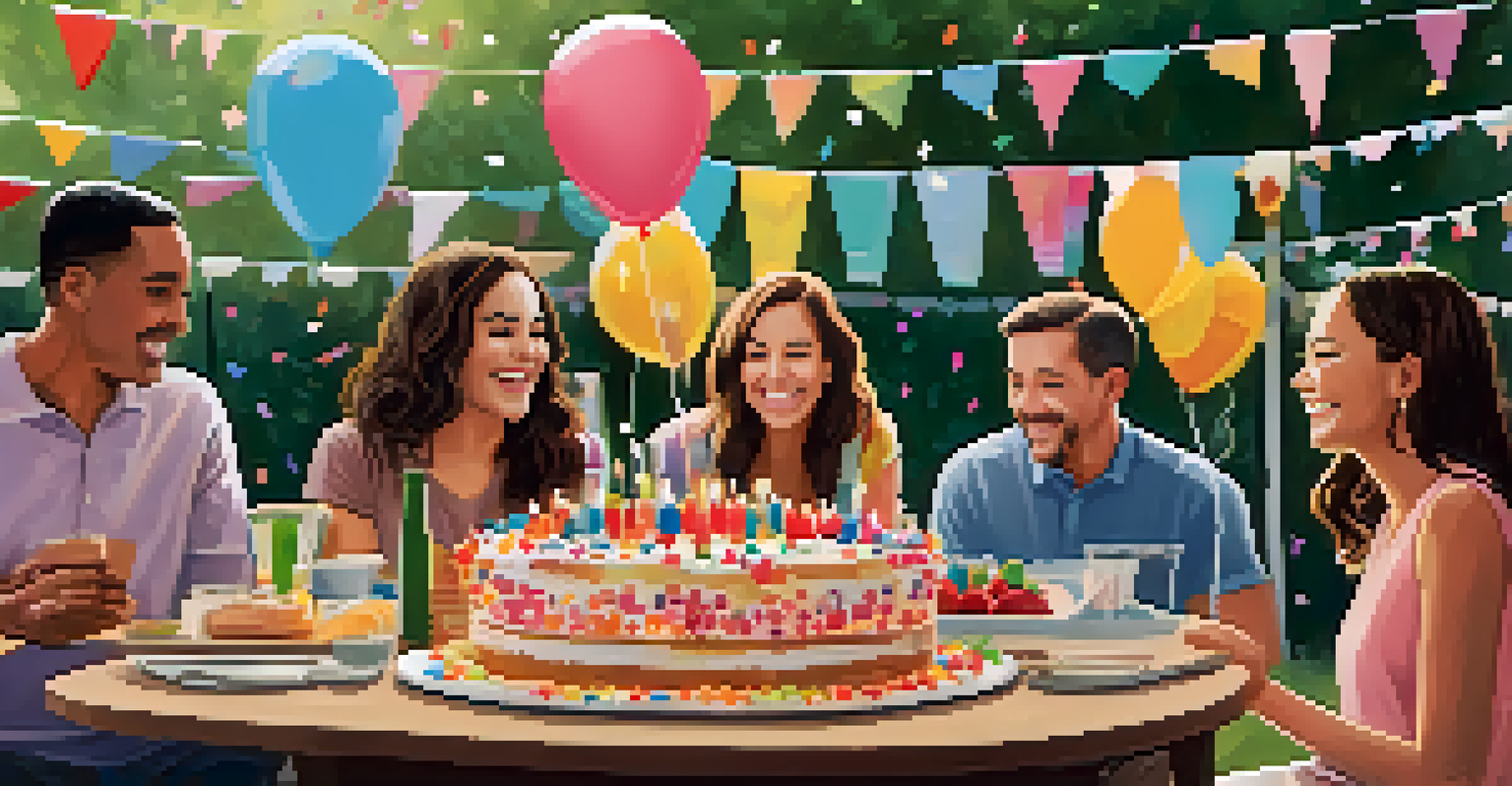 A family celebrating a milestone in recovery with cake and decorations in a backyard.