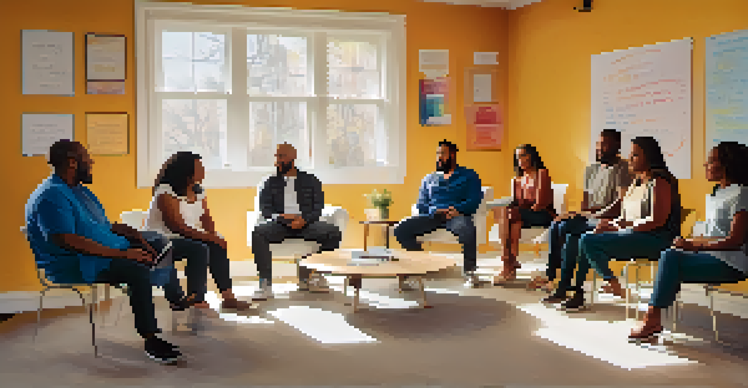 A supportive group of diverse individuals sharing their recovery experiences in a bright room filled with natural light.
