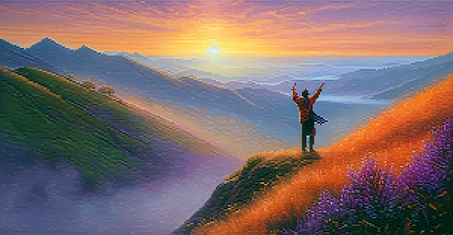 A person standing victoriously on a hilltop at sunrise, symbolizing resilience and achievement.