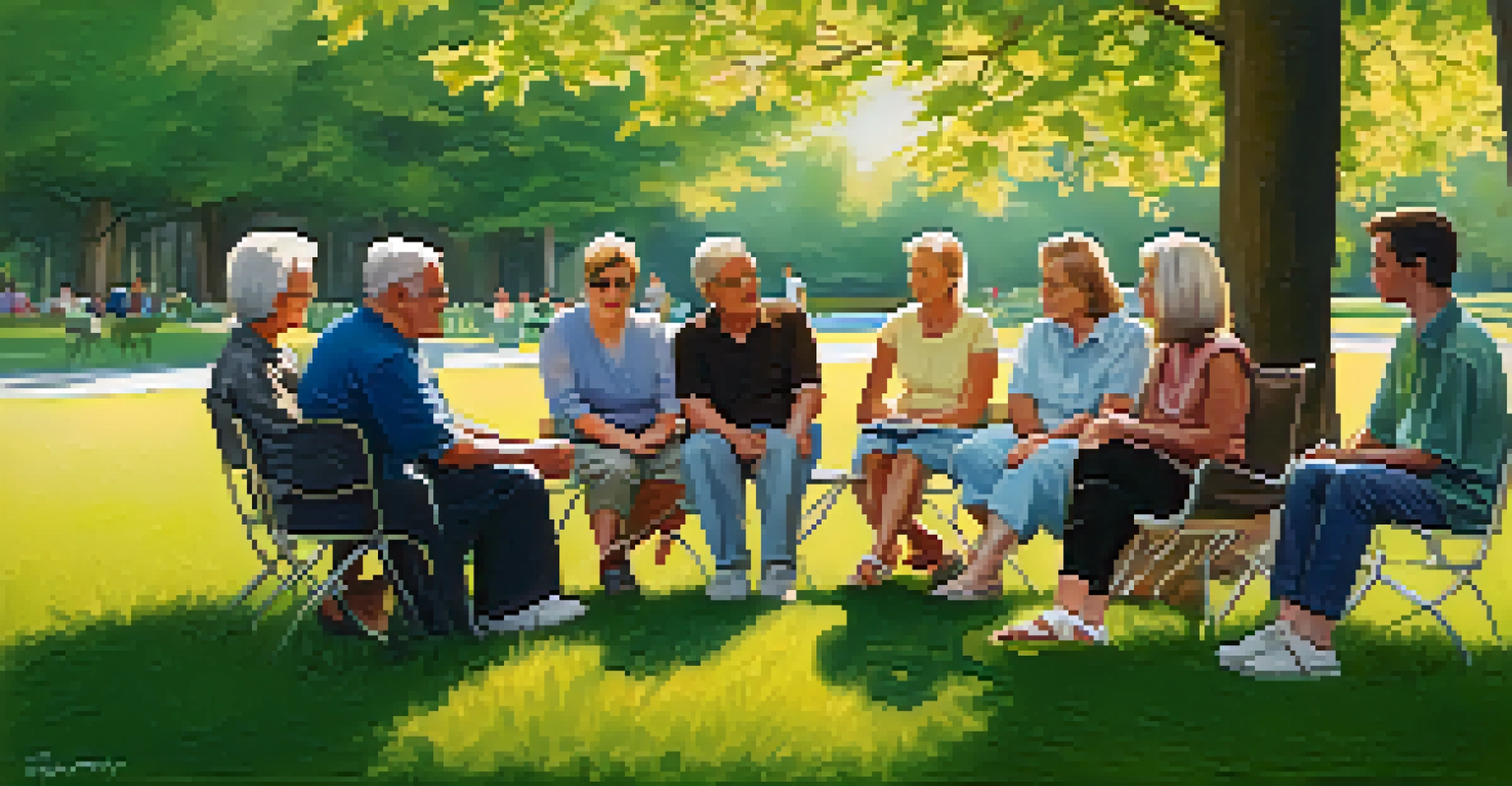 A diverse group of individuals sitting in a circle in a park, actively engaging in a supportive discussion surrounded by nature.