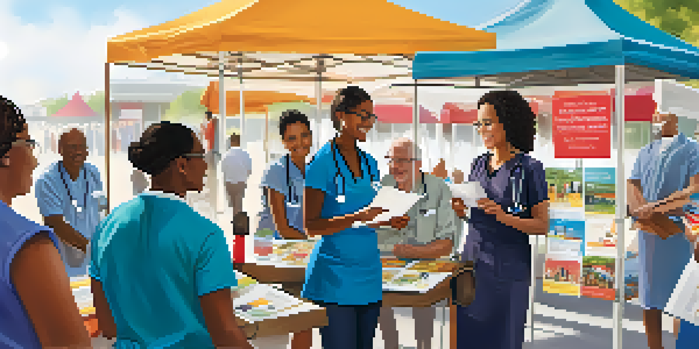 A diverse group of healthcare providers actively engaging with community members at a health fair, surrounded by colorful booths and banners in multiple languages.