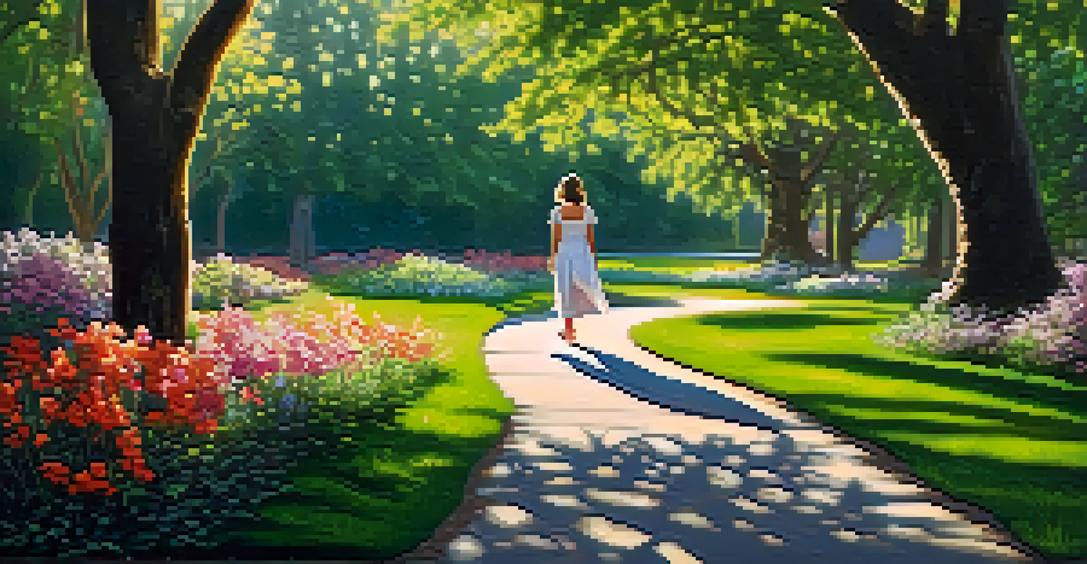 A young woman walking confidently on a sunlit path in a park, surrounded by blooming flowers and greenery, symbolizing recovery and new beginnings.