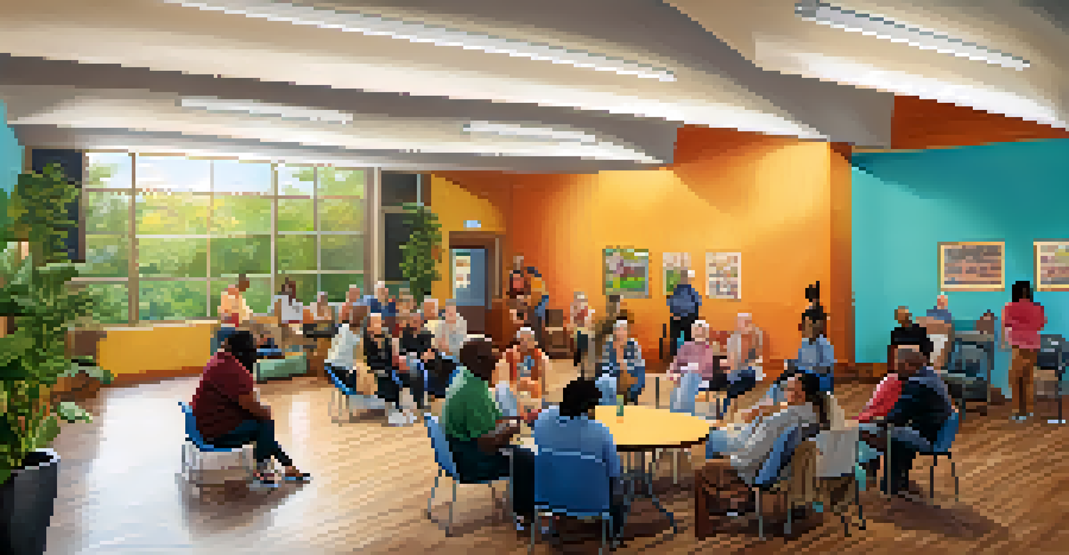 A community support group meeting in a welcoming environment, with individuals sharing experiences.