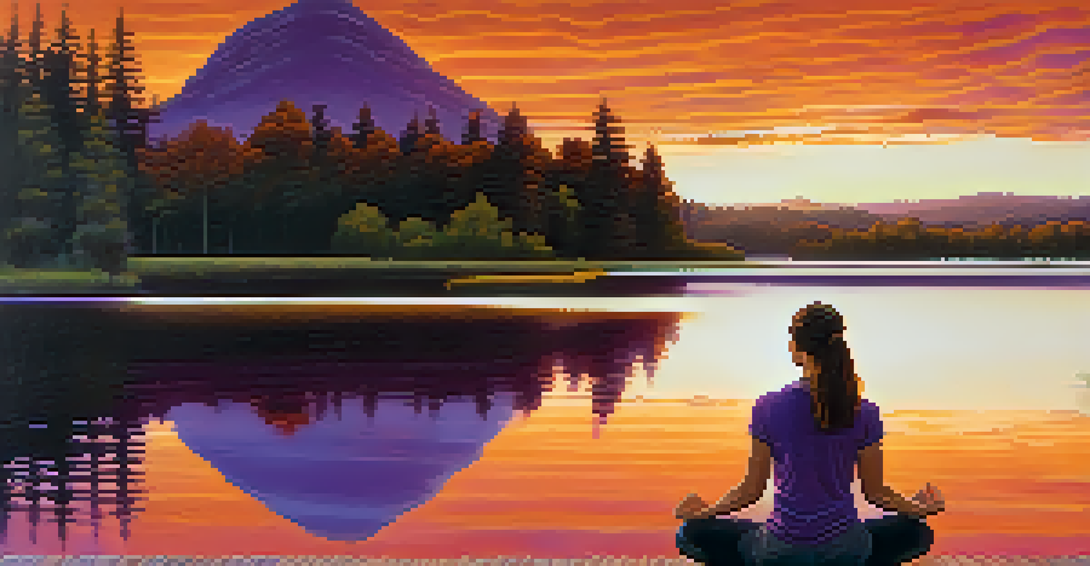 A person practicing mindful breathing by a tranquil lake at sunset, surrounded by a colorful sky.