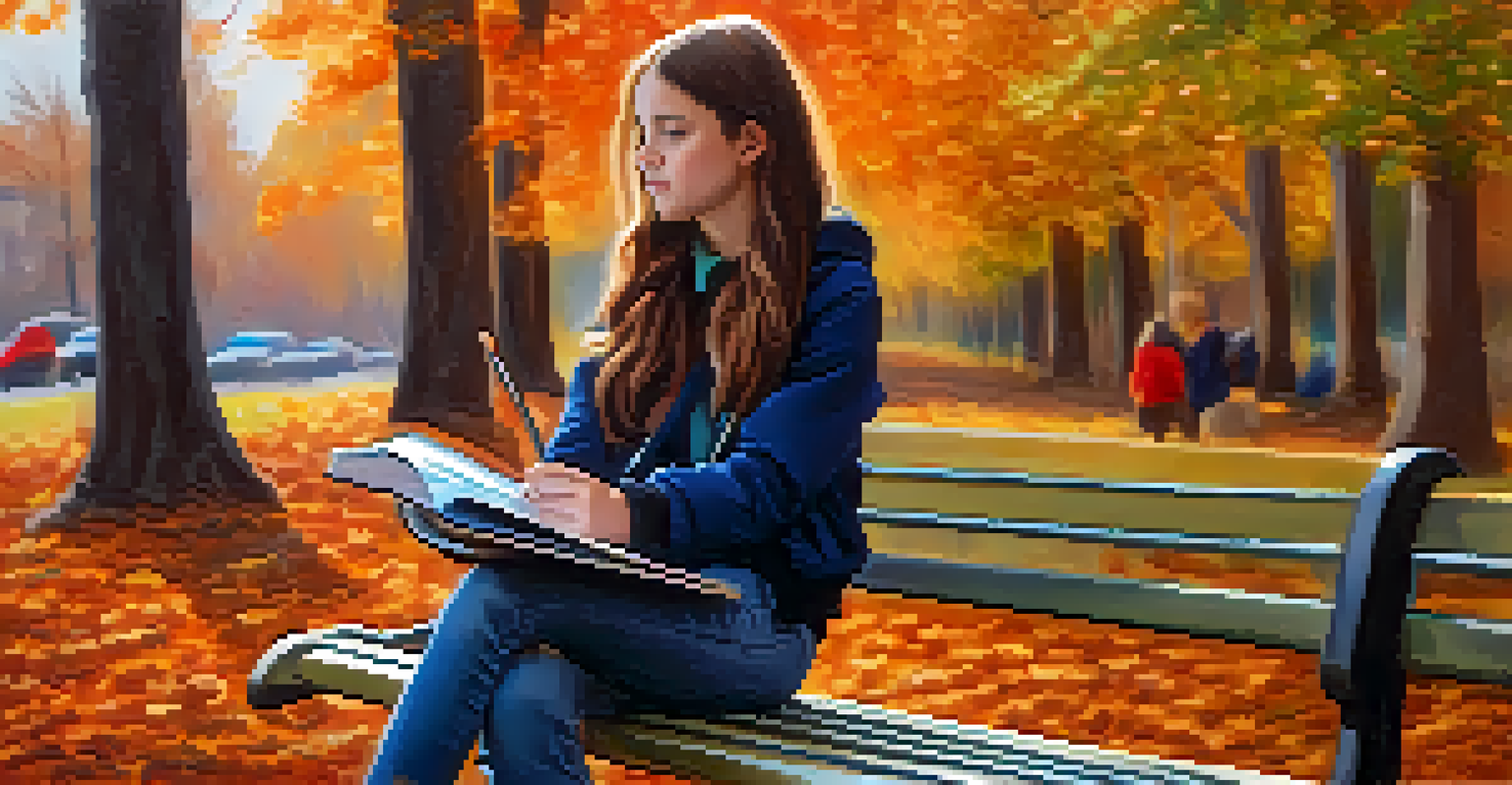 A teenager sitting on a bench, looking pensive while holding a notebook surrounded by autumn leaves.