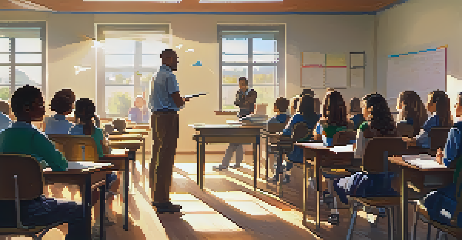 A guest speaker in a school classroom sharing their recovery story, with attentive students taking notes.