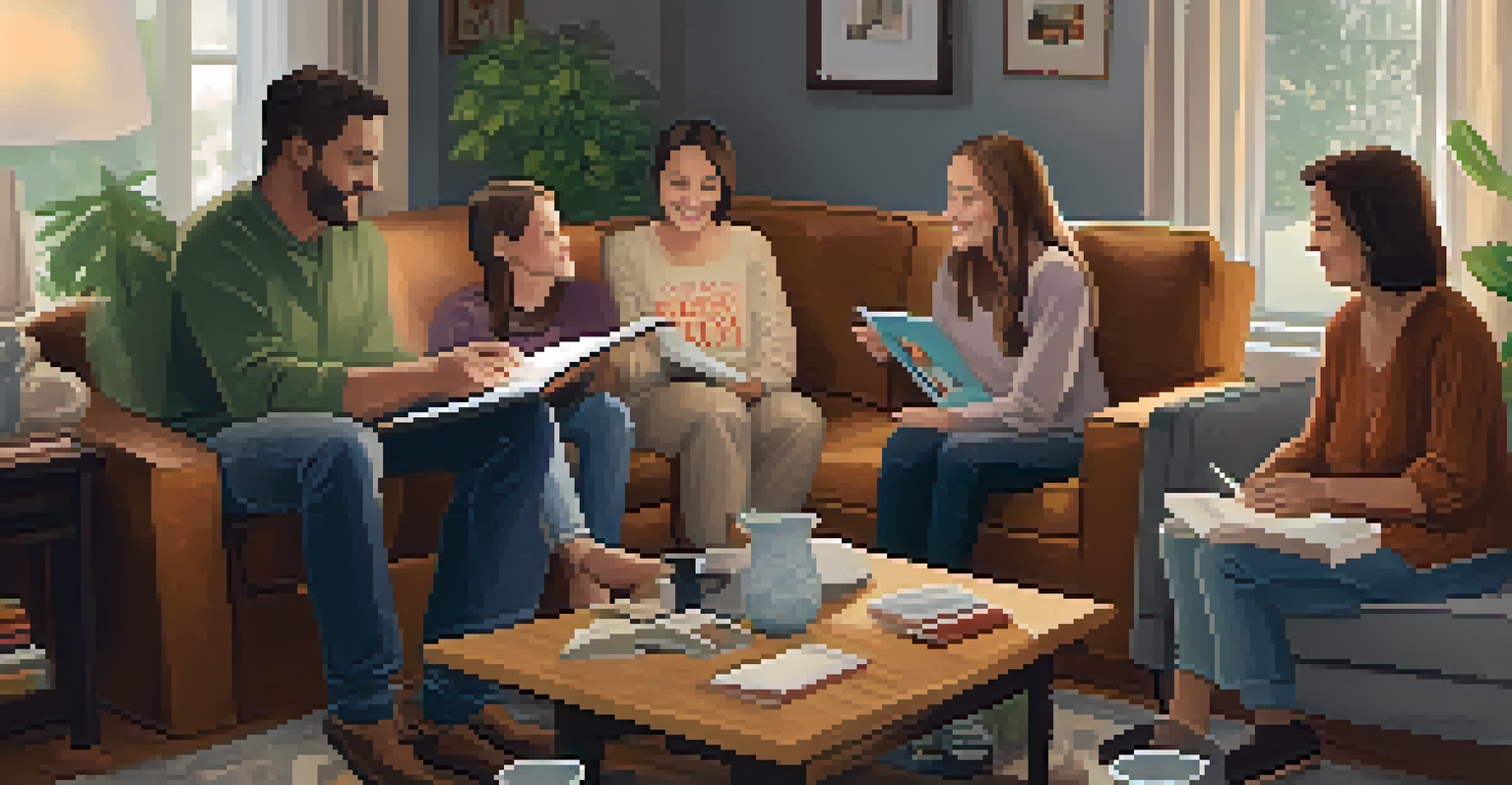 A warm living room where a family is gathered, sharing support and encouragement with books about recovery on the table.