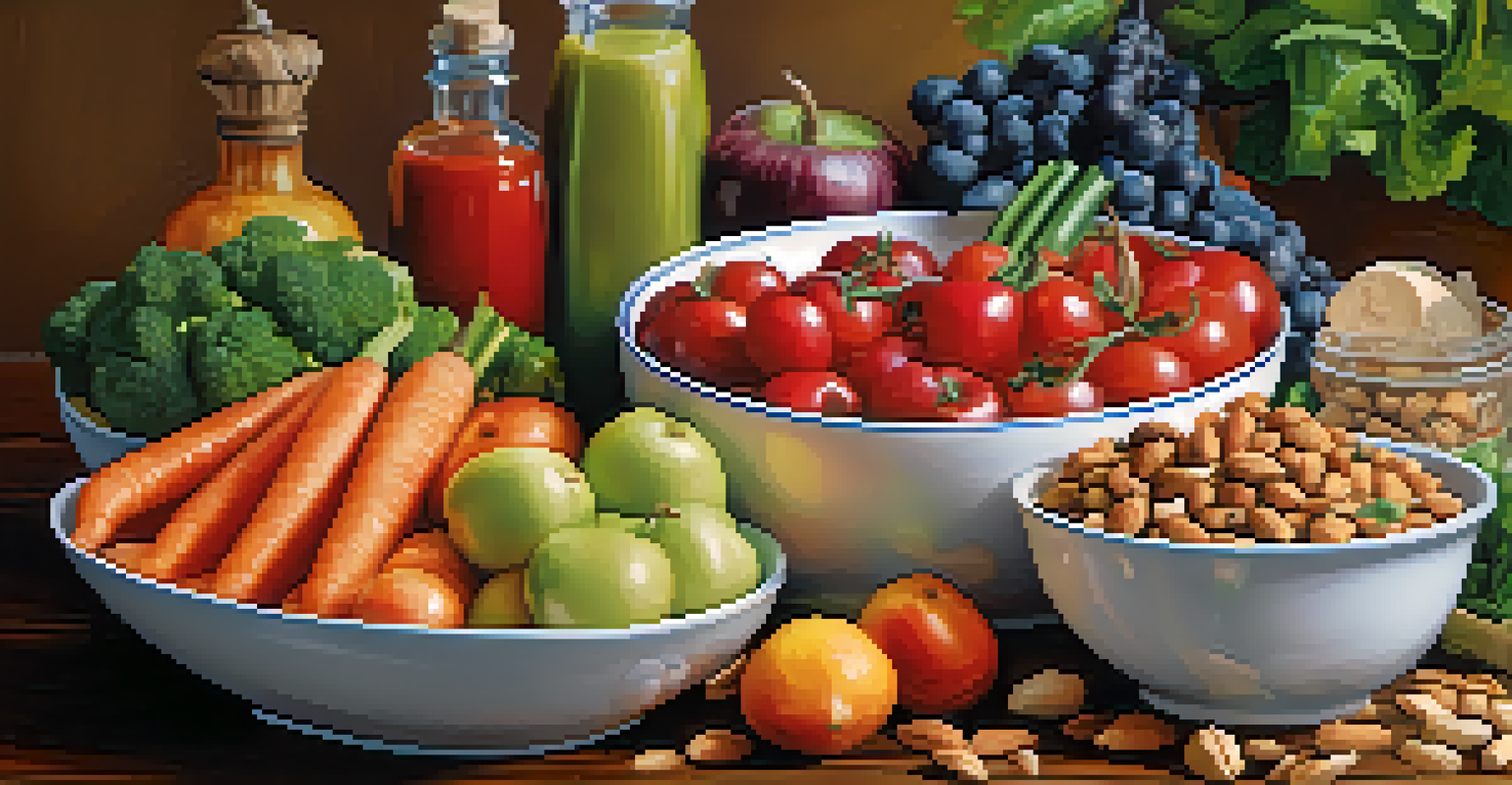 A close-up of a colorful and nutritious meal with vegetables, fruits, and nuts on a wooden table.