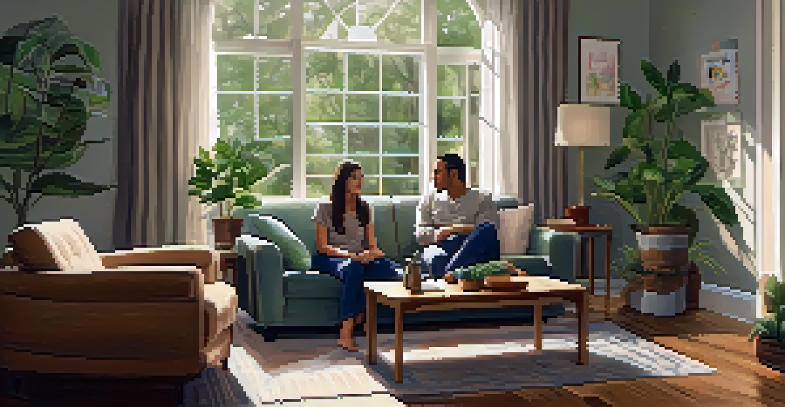 A cozy living room filled with warm light, where family members are gathered for a supportive intervention, surrounded by personal touches.