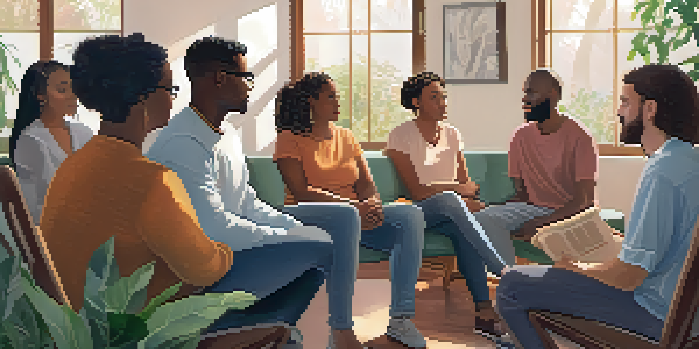 A diverse group of people in a circle during a mental health support group meeting, engaged and attentive in a warmly lit room.