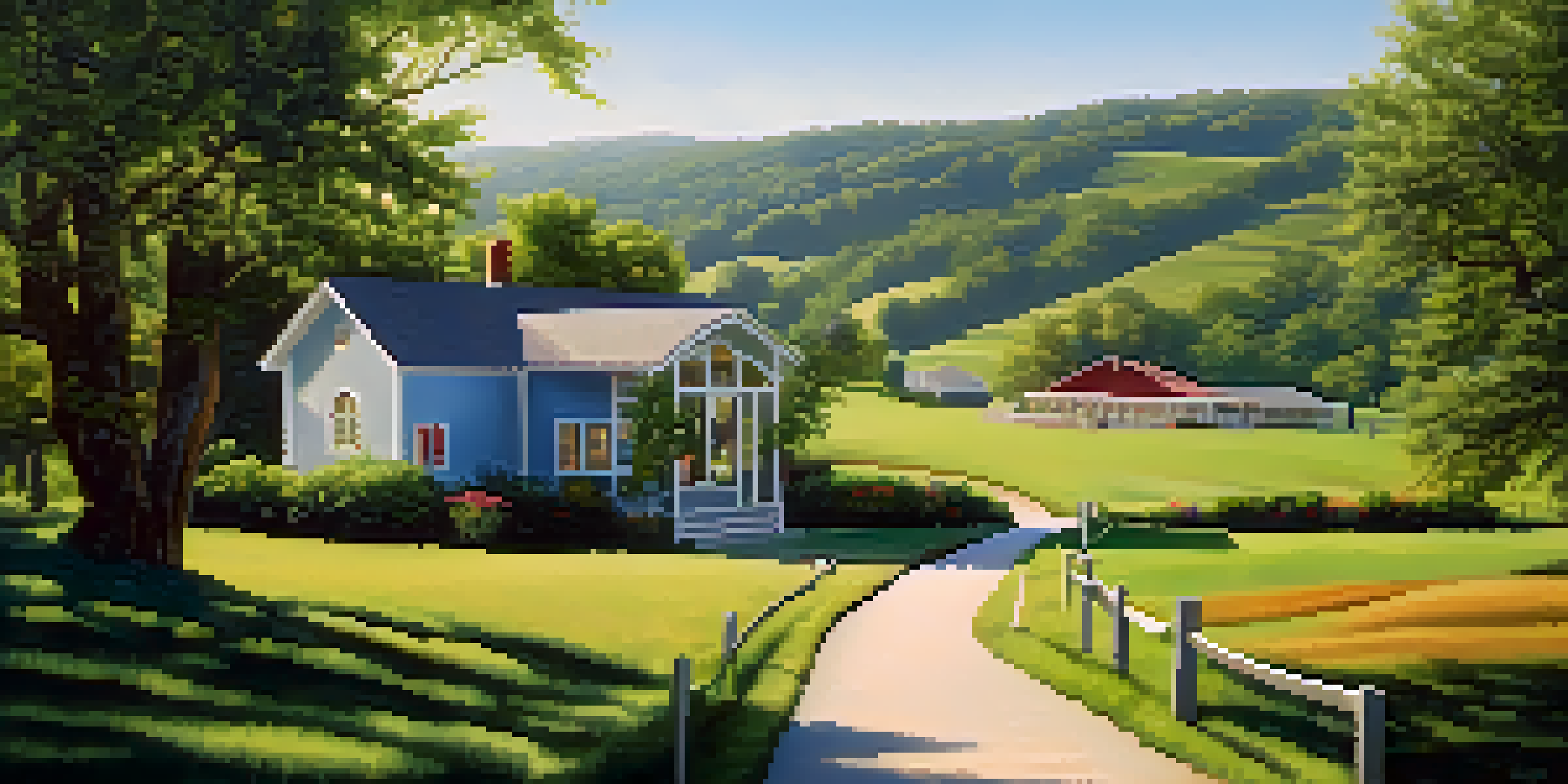 A peaceful rural scene with a small addiction treatment center surrounded by nature and a diverse group of people walking together.