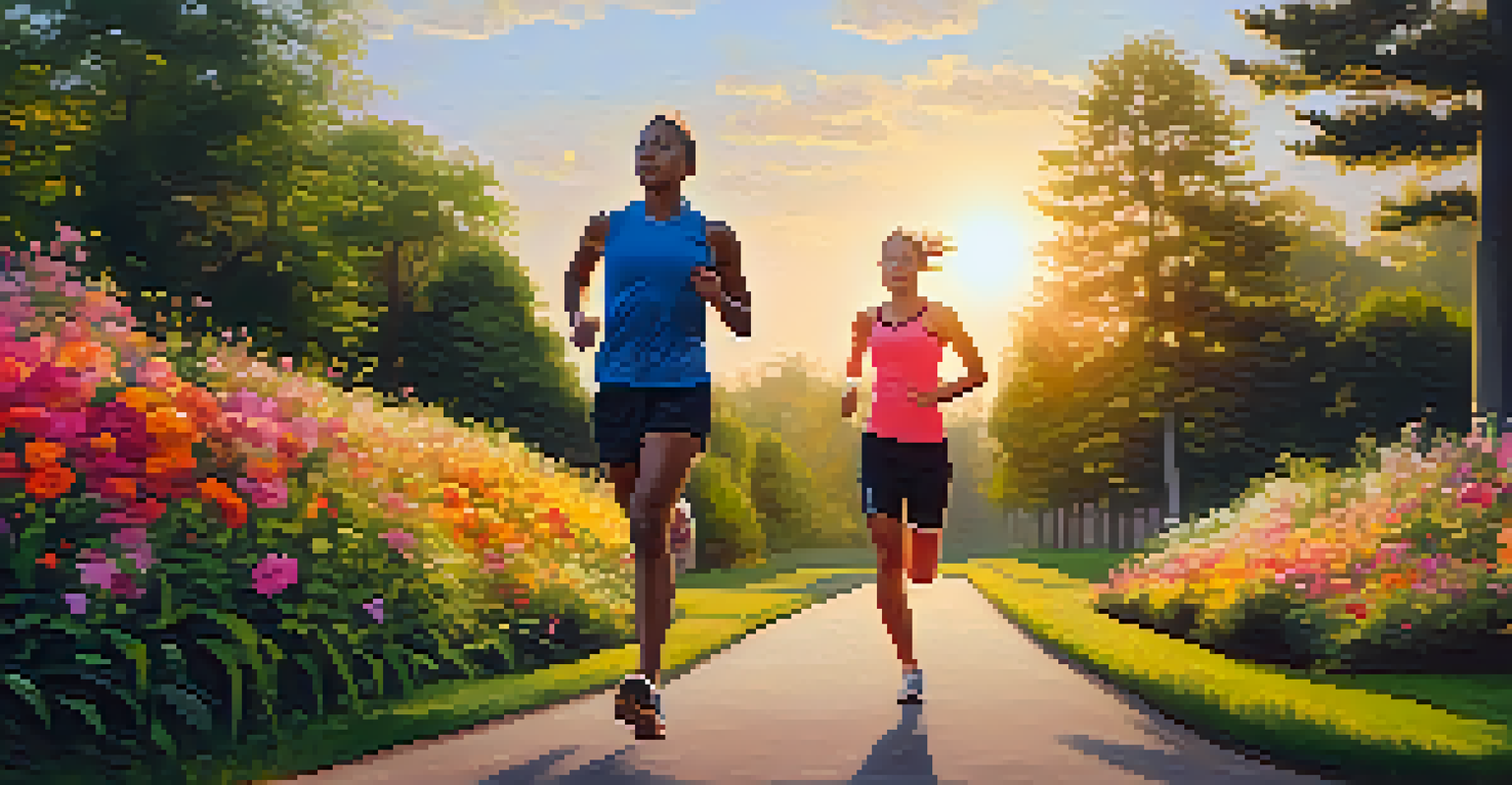 A person jogging in a sunny park surrounded by greenery and flowers, symbolizing physical exercise and mental health.
