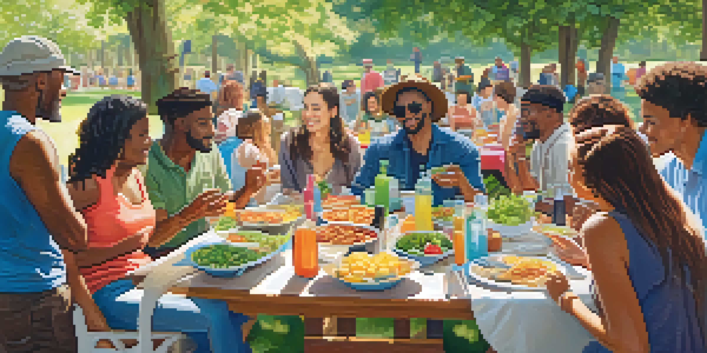 A diverse group of people enjoying a potluck in a park, sharing food and conversations under the afternoon sun.