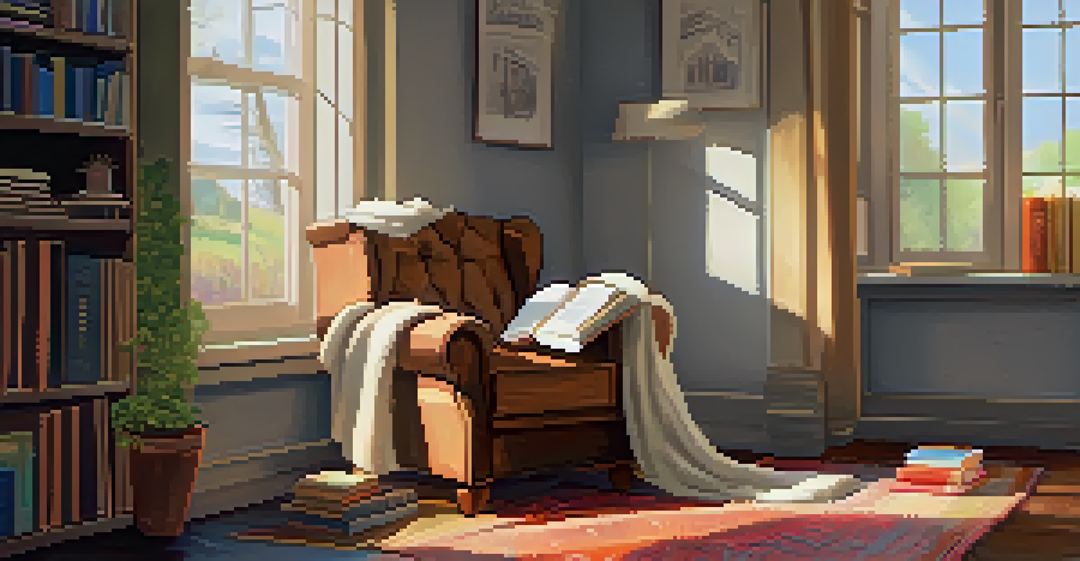 A cozy reading nook with a comfortable armchair and a stack of books by a sunlit window.