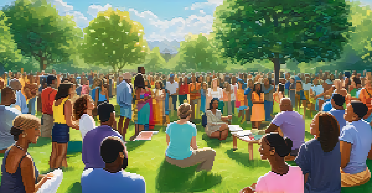 A diverse group of people sharing affirmations in a park, surrounded by greenery and flowers, smiling and supporting each other.